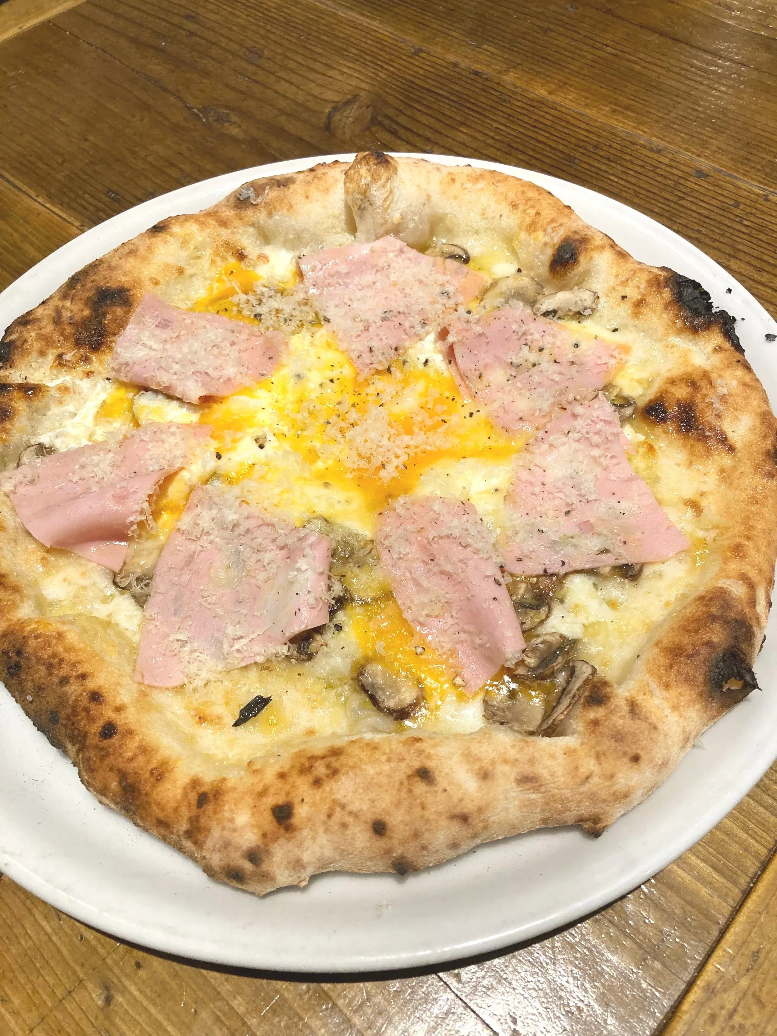 ピザ。ハム、卵、きのこがのっている。