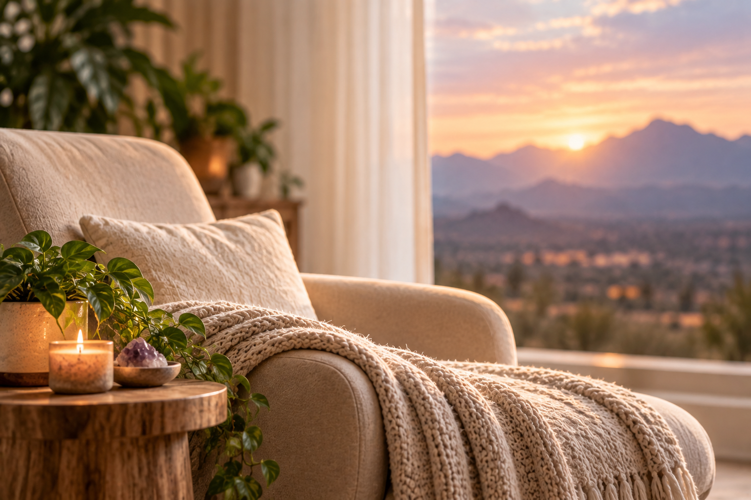 cozy living room with a beige couch and a throw blanket, a wooden side table with a candle, a plant, and a decorative item, overlooking a mountain landscape at sunset through large windows.