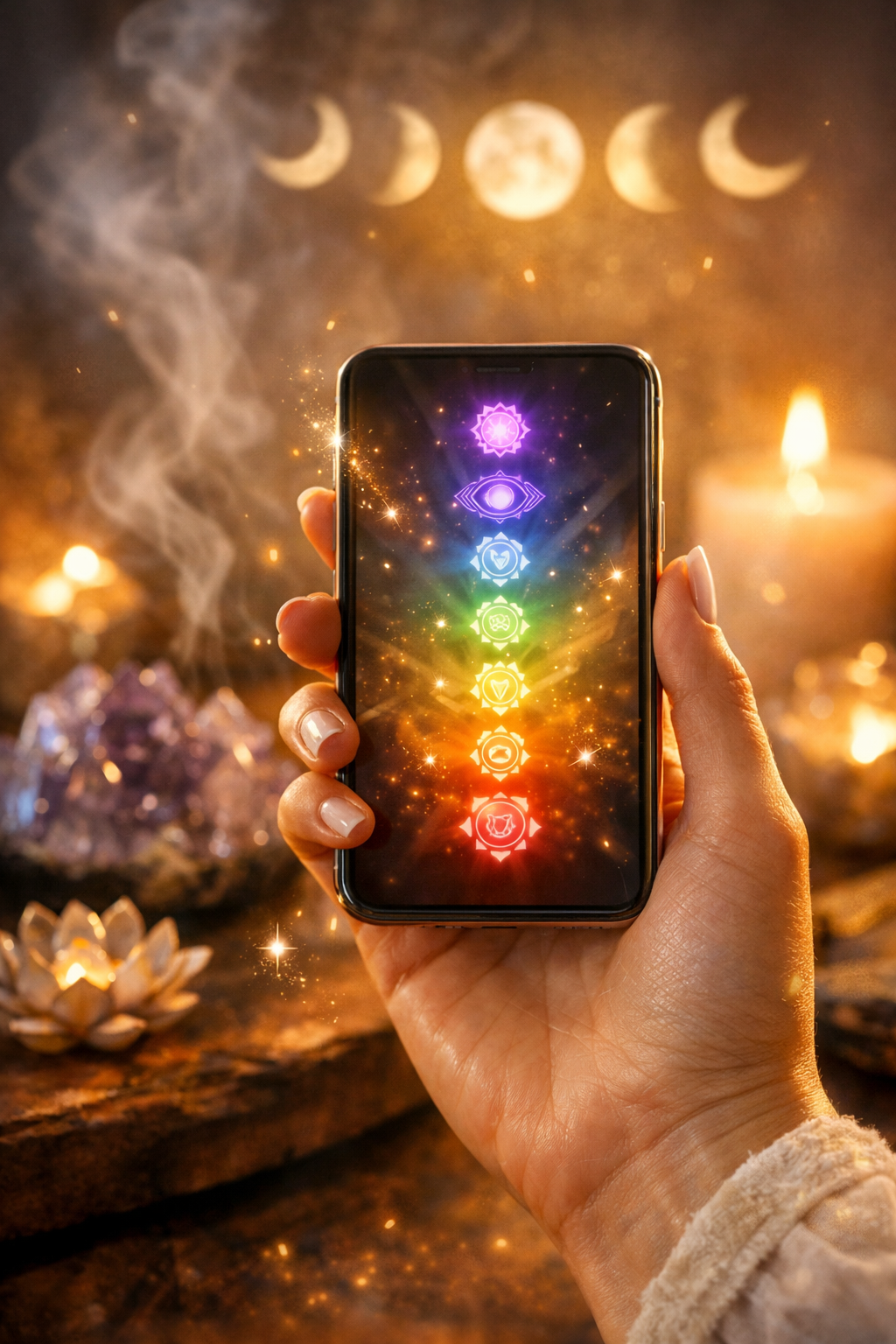 A hand holding a smartphone displaying colorful chakra symbols in a vertical line, with candles, crystals, and moon phases in the background.