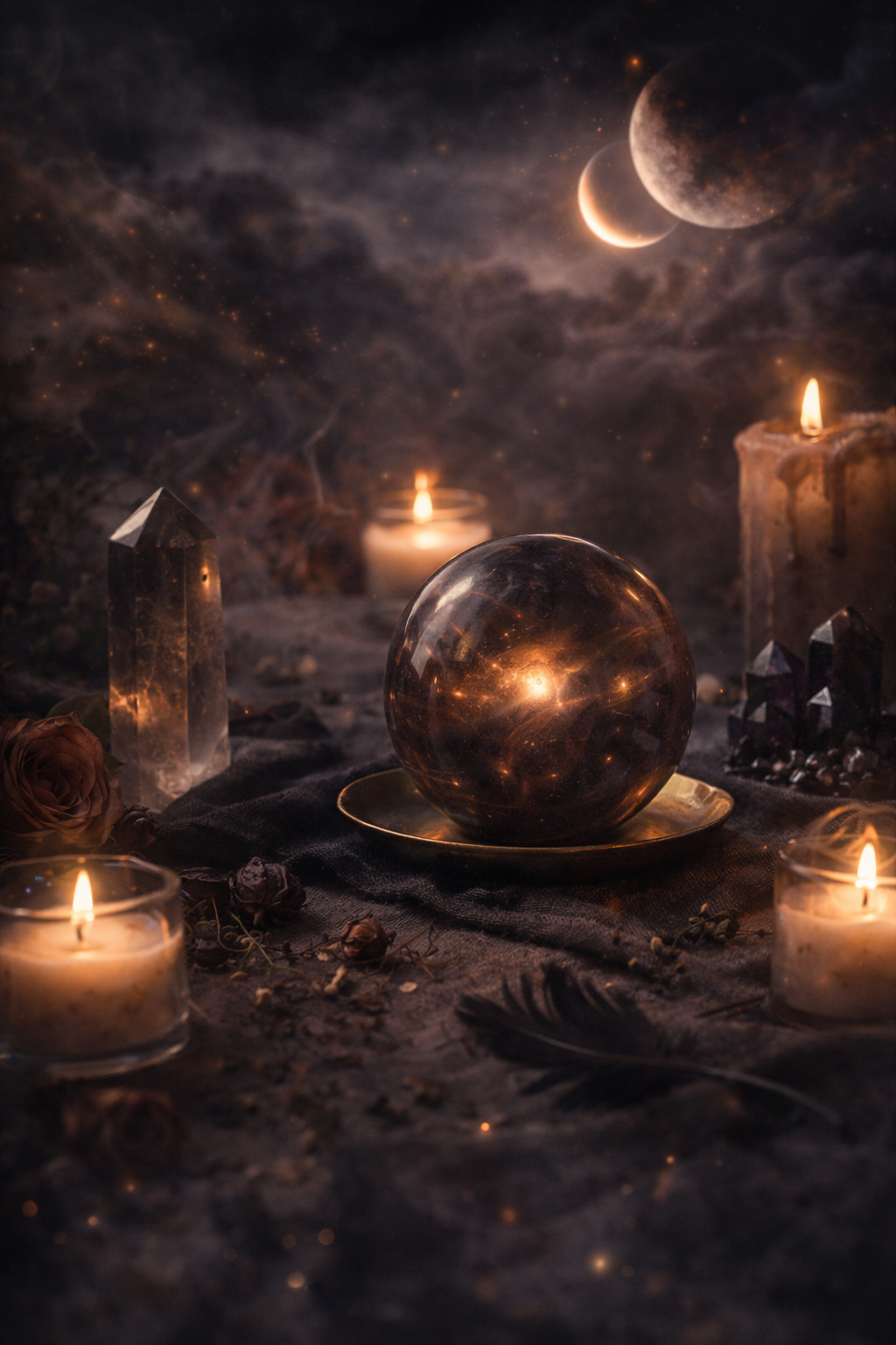 A mystical scene with a large reflective crystal ball on a golden plate, surrounded by candles, crystals, and dried flowers, with a starry night sky and planets in the background.