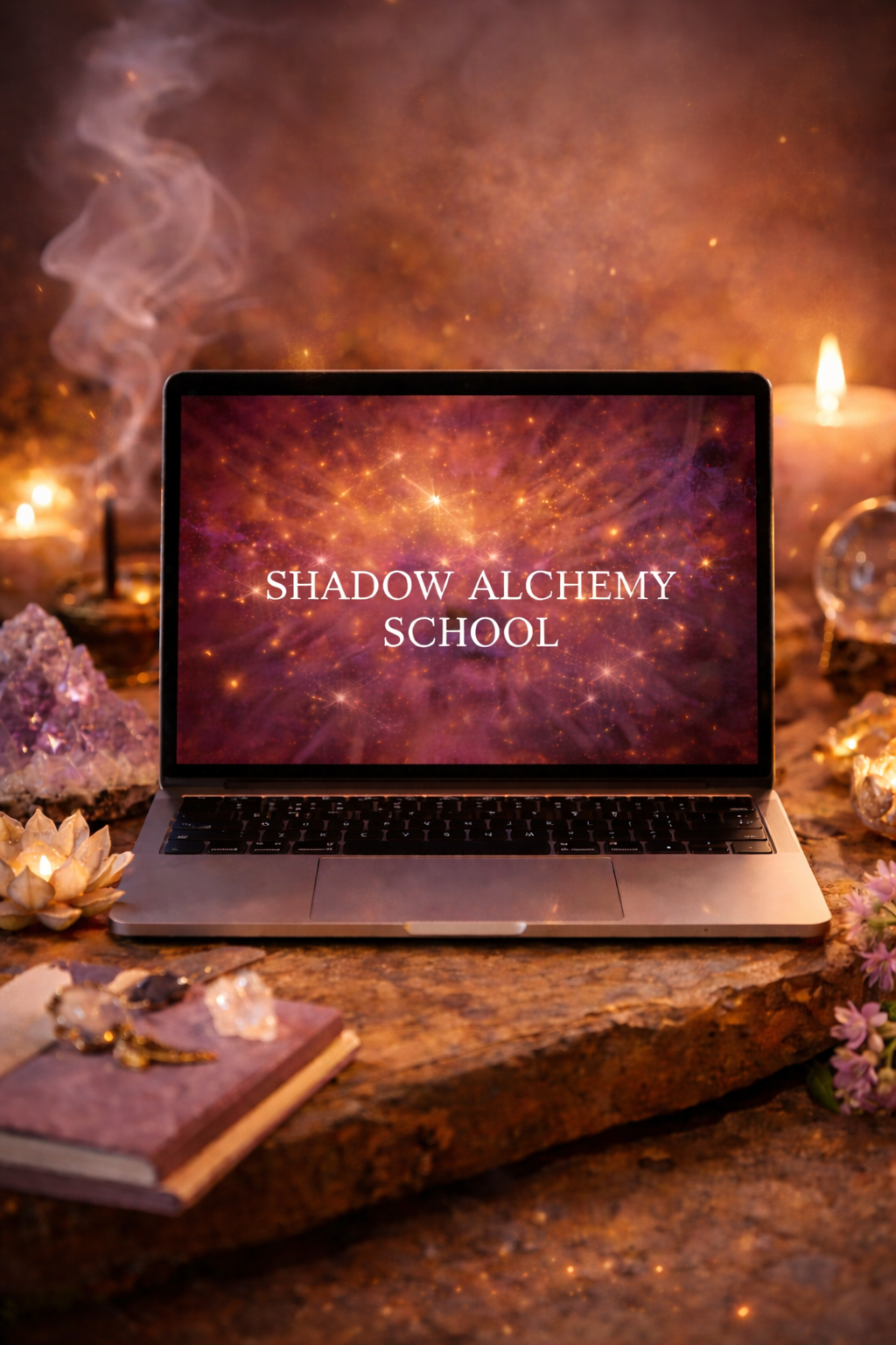 A laptop on a wooden table displays ‘Shadow Alchemy School’ with a cosmic background. The scene is decorated with candles, crystals, and flowers, creating a mystical atmosphere.