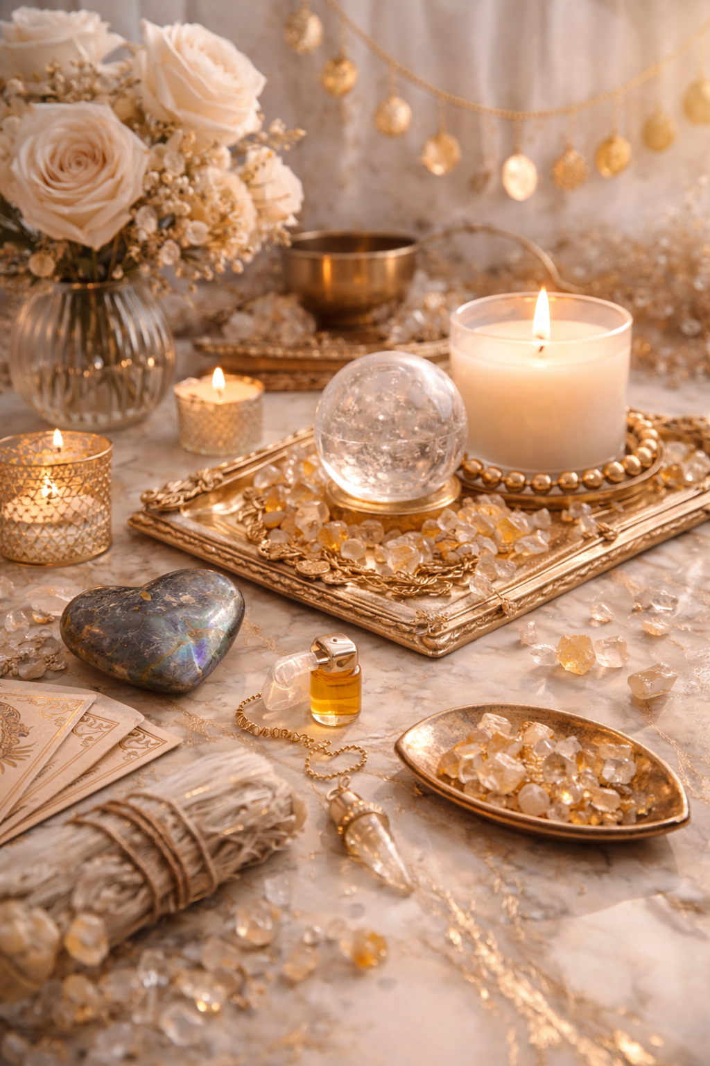 Decorative table setting with candles, crystals, Tarot cards, and a flower arrangement, creating a mystical or spiritual ambiance.