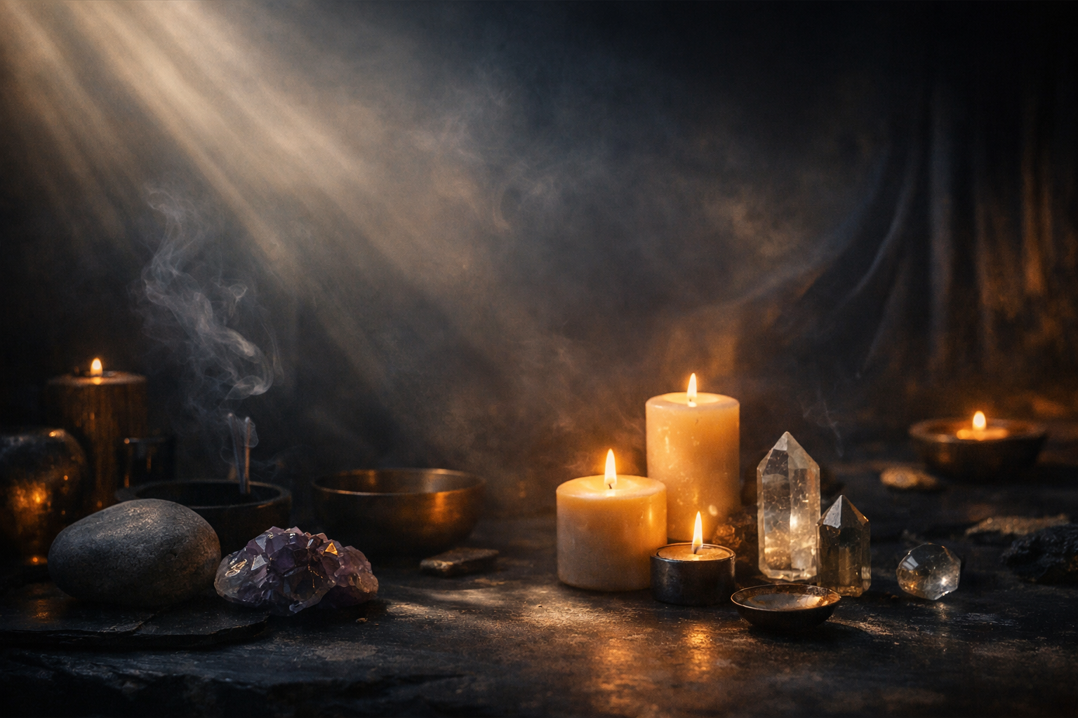 A dark setting with multiple candles burning, illuminating crystals, stones, and small bowls on a surface, creating a mystical or spiritual atmosphere.