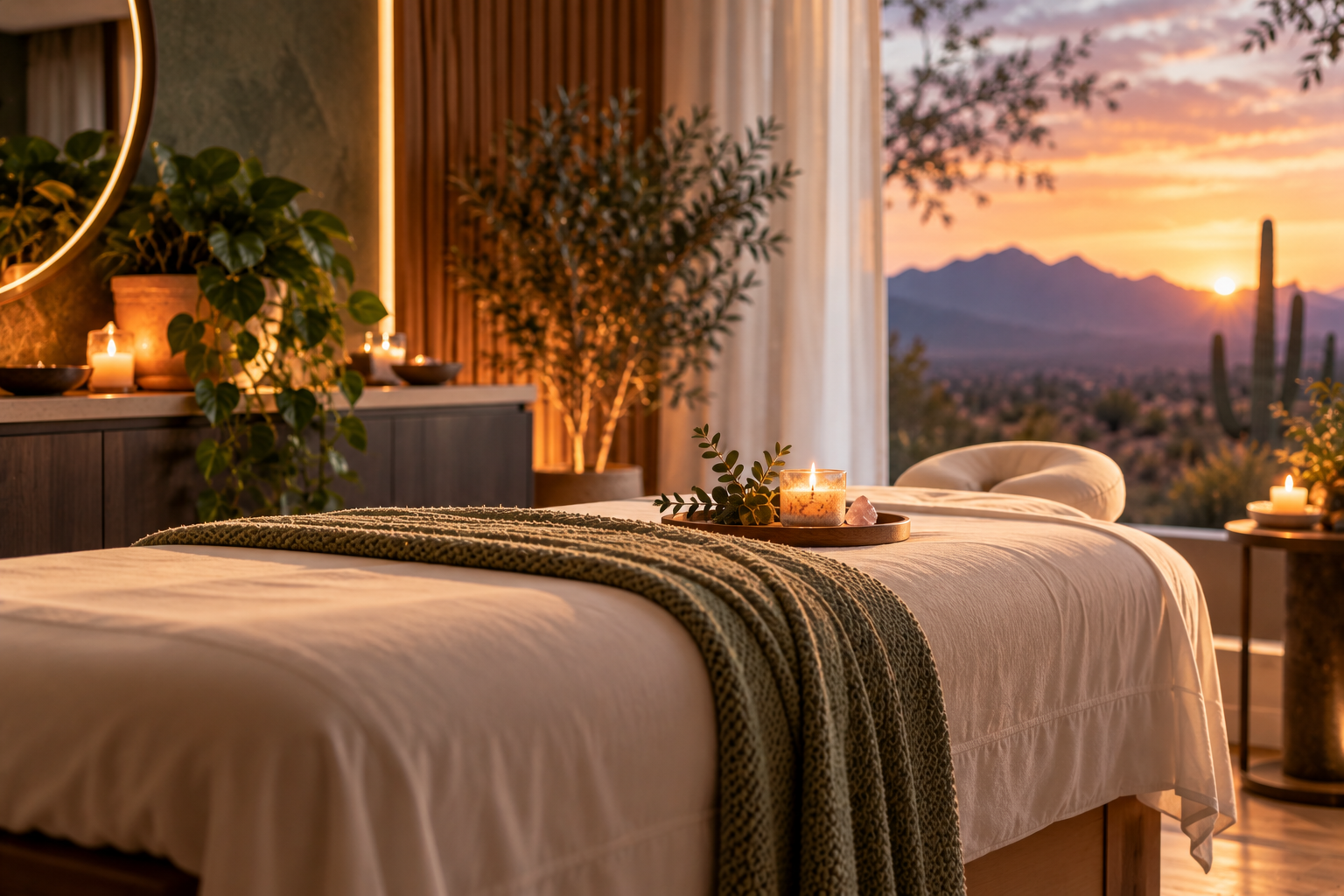 A cozy massage room with a bed, candles, plants, and a sunset view of mountains and desert cacti.