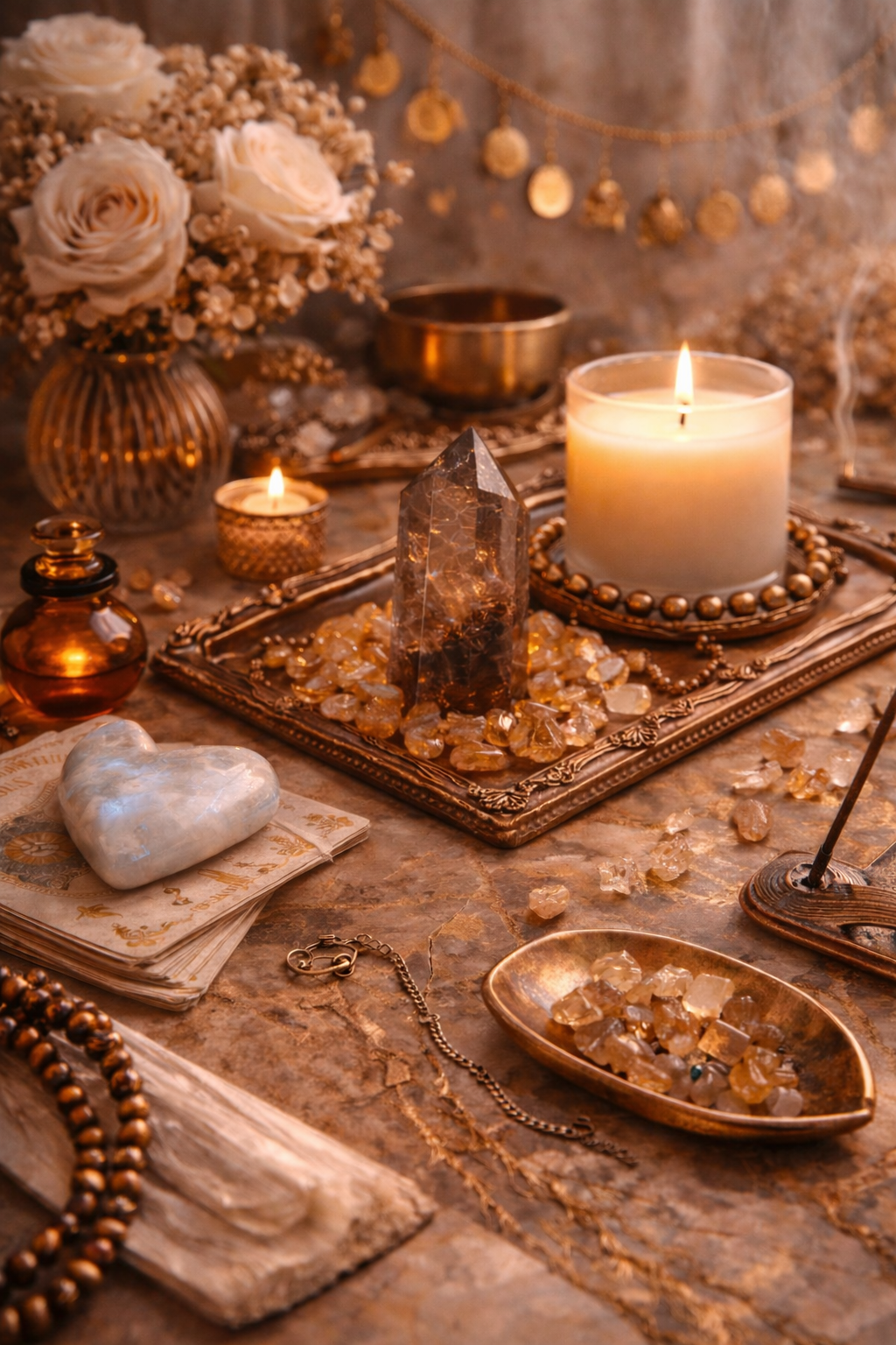 A decorative altar with candles, crystals, flowers, and jewelry, illuminated with warm lighting.