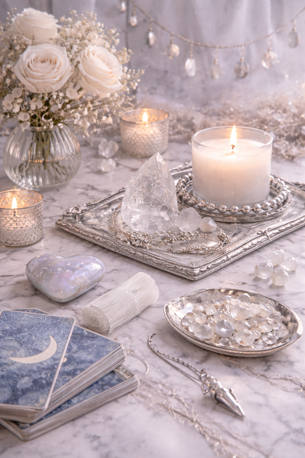 A table decorated with white and silver candles, crystals, and flowers, including a bouquet of white roses and baby's breath in a glass vase, with tarot cards and various jewelry pieces on a marble surface.