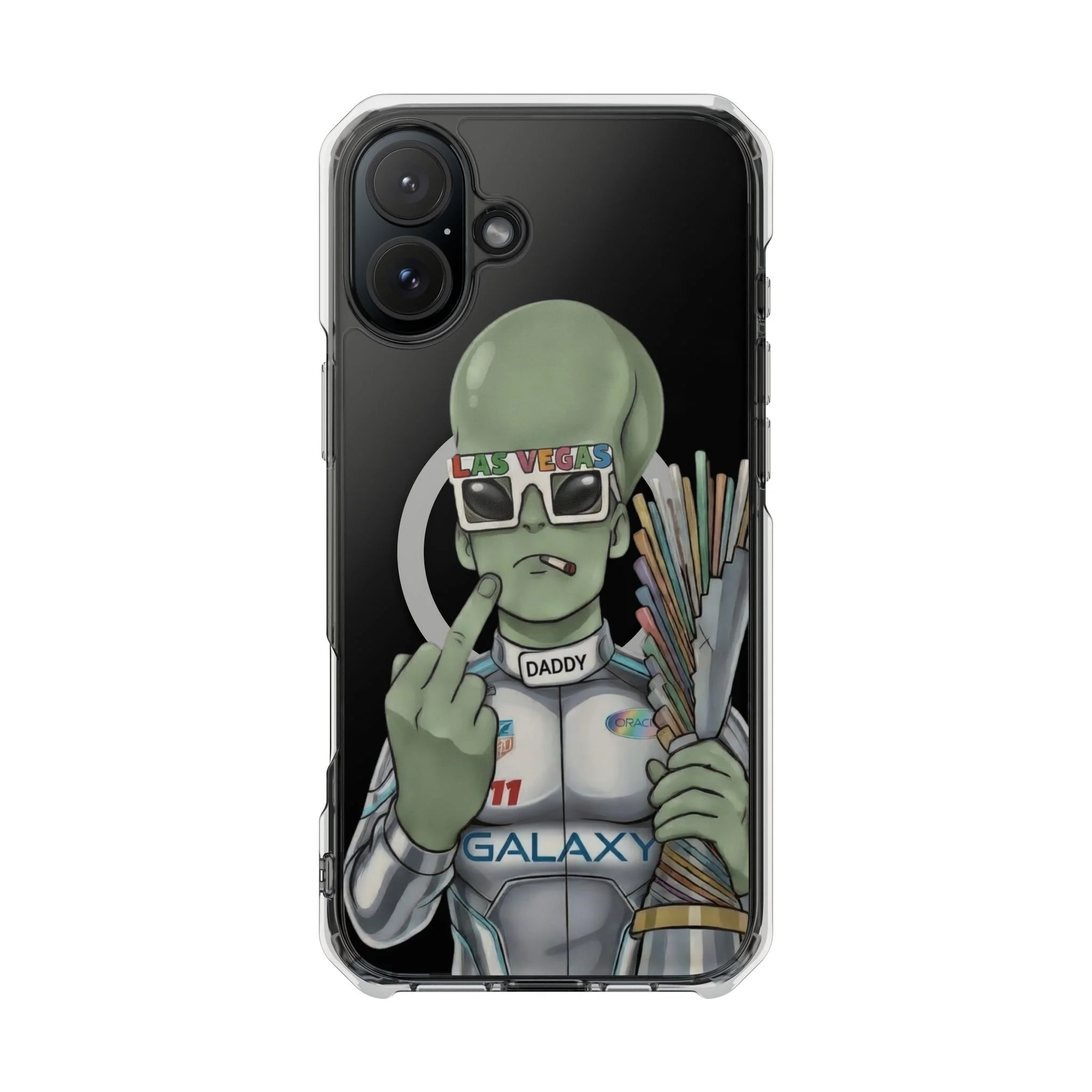 Alien Formula 1 Driver Clear Magnetic Phone Case  Retro Alien “Daddy” Galaxy Design