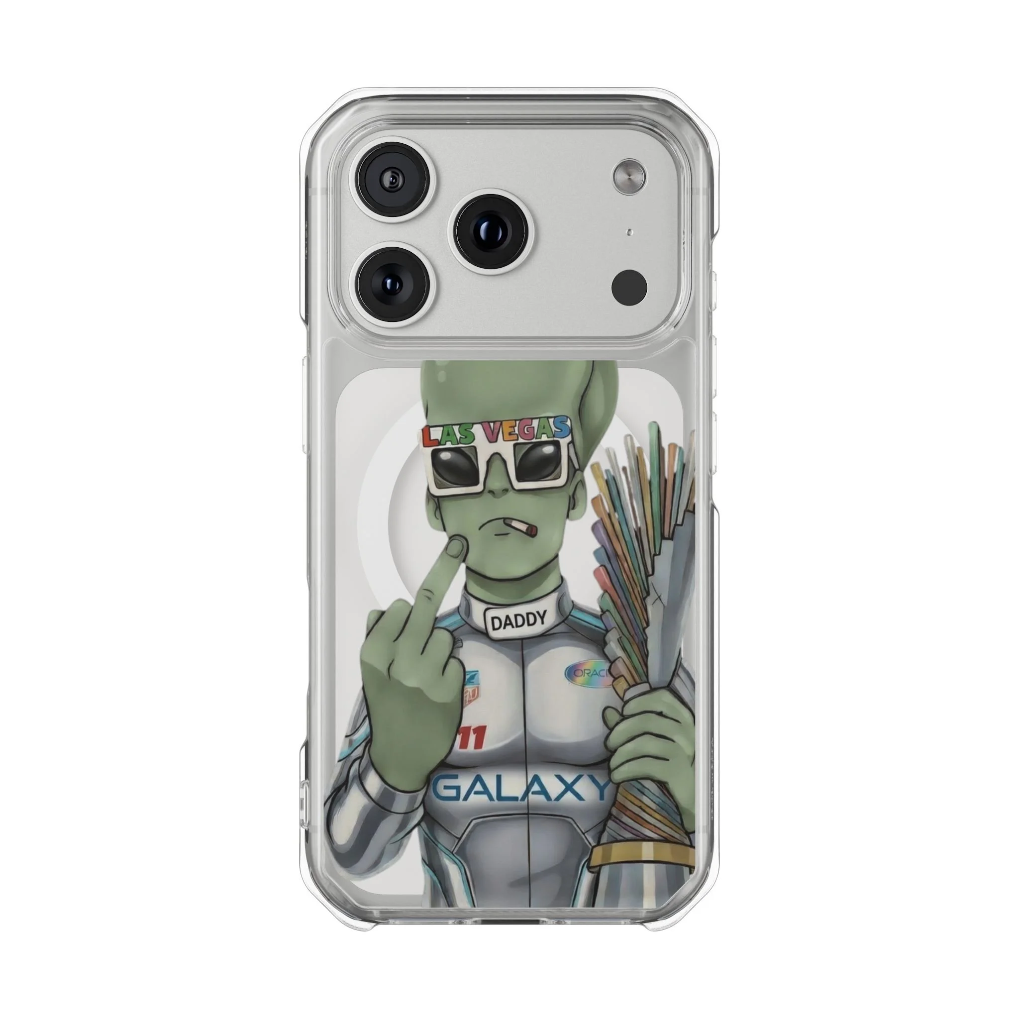 Alien Formula 1 Driver Clear Magnetic Phone Case  Retro Alien “Daddy” Galaxy Design