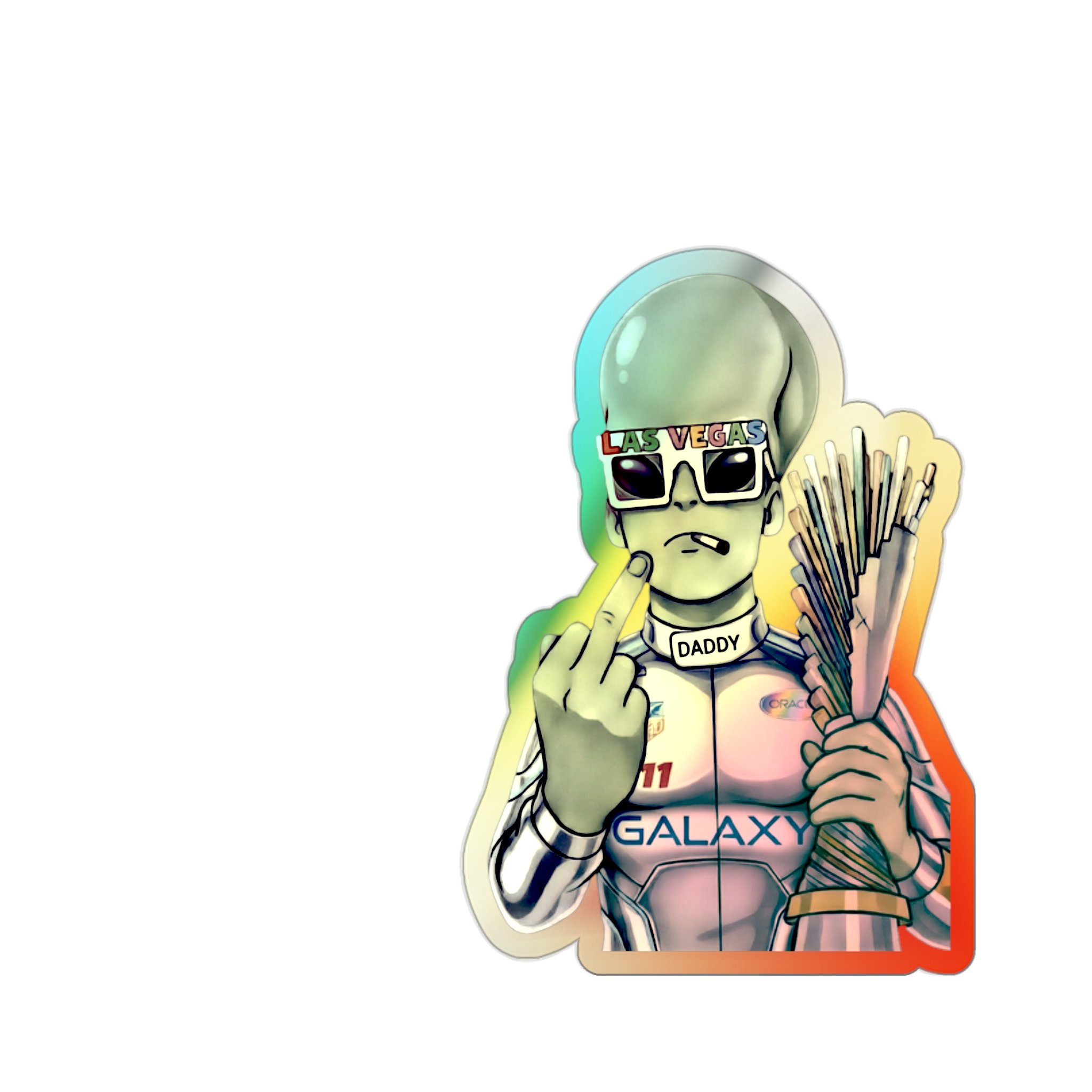 Edgy Alien Formula 1 Driver Holographic Sticker — Die-Cut