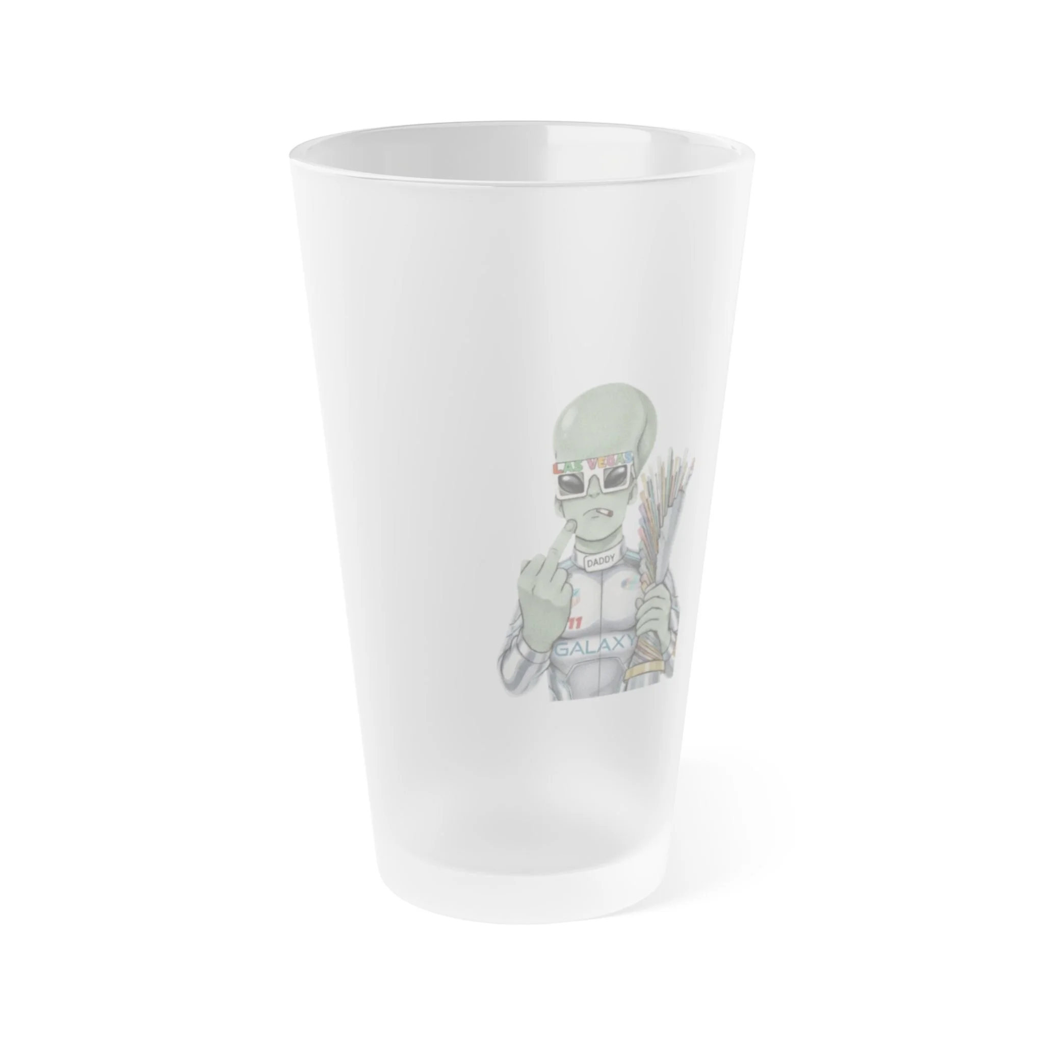 Frosted Pint Glass – 16oz Alien Formula 1 Driver Illustration Beer Cup