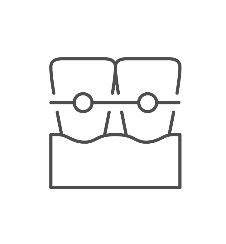 Minimalist line art representing a dental braces icon, featuring two teeth with brackets and a connecting wire.