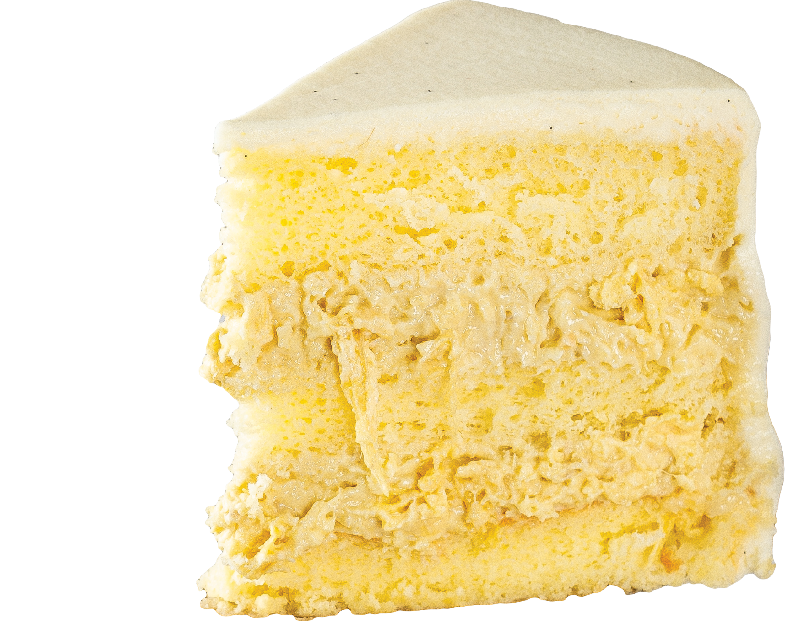 A close-up of a slice of Mao Shan Wang cake with 2 thick layers of Mao Shan Wang Durian.