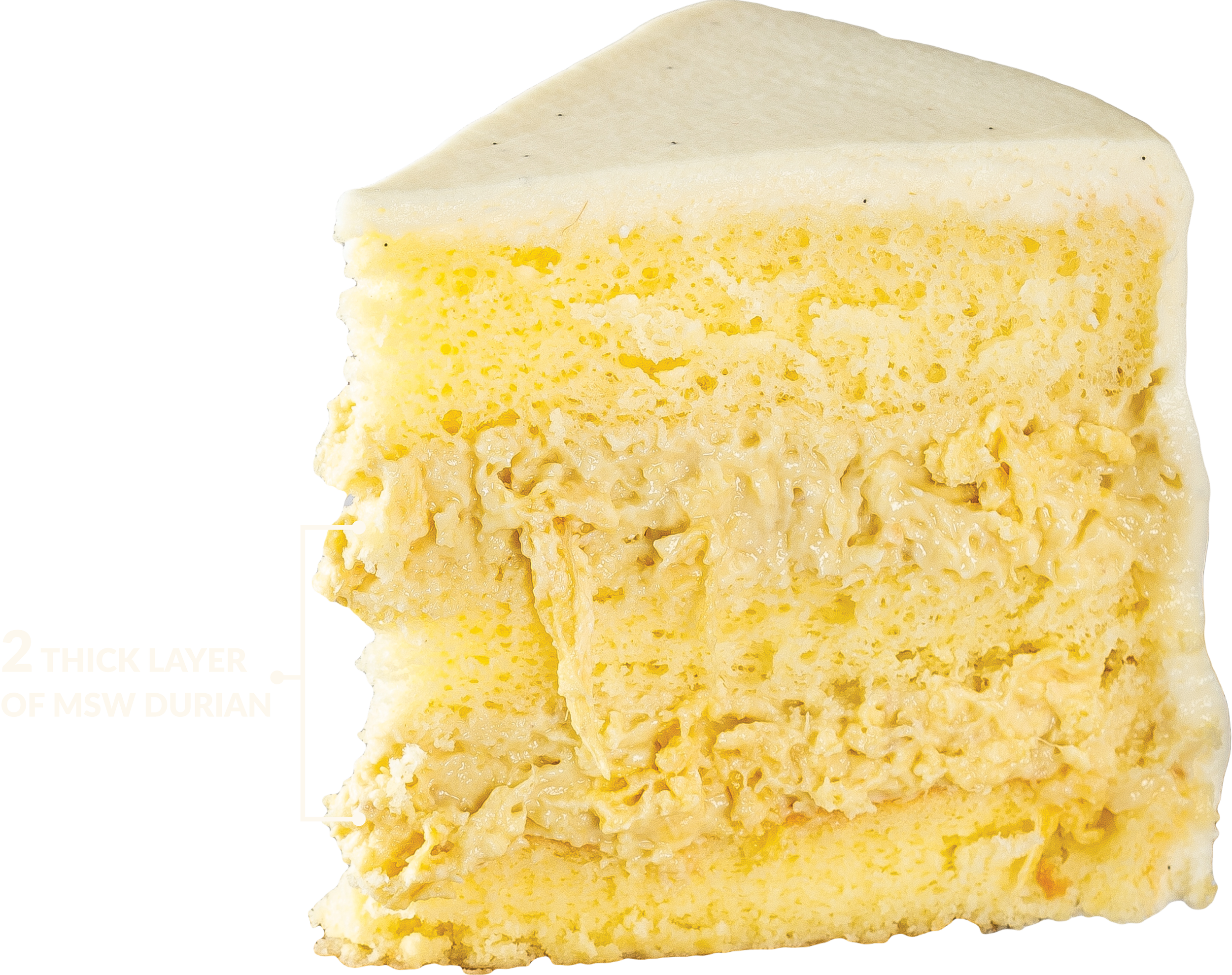 A cross-section of a layered durian-flavored cake with thick layers of sponge and durian filling