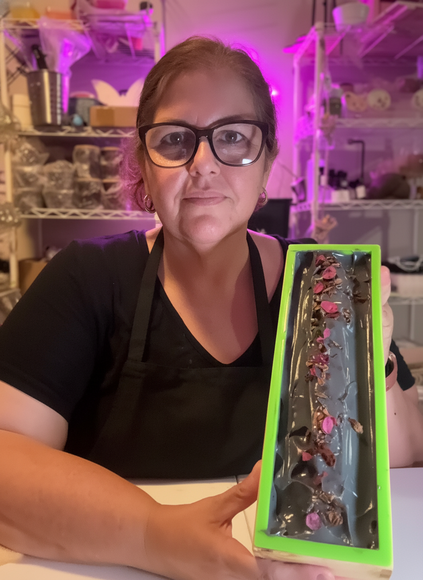 Mujer con gafas negras sosteniendo un pastel de chocolate adornado con pétalos de rosa en una caja verde, en un ambiente con estantes llenos de artículos y luces de color púrpura.