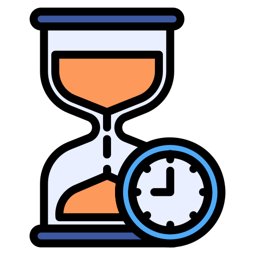 An illustration of an hourglass with sand and a clock showing 3:00.