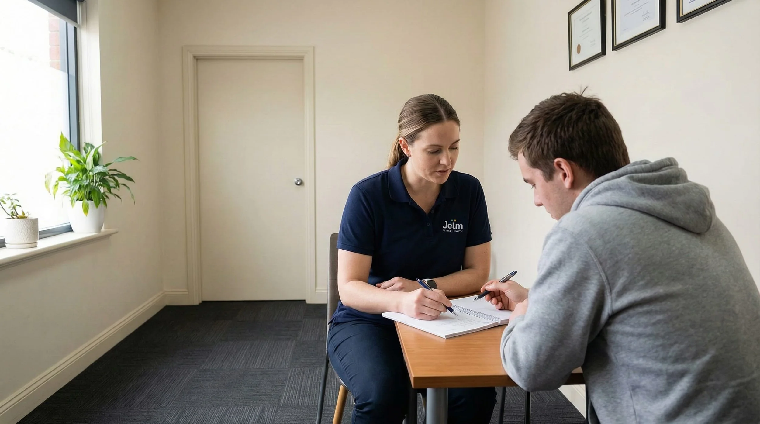 A woman in a navy blue shirt sitting at a table, talking to a young man in a grey hoodie, with a notebook and pens, in a room with a window and framed certificates on the wall.