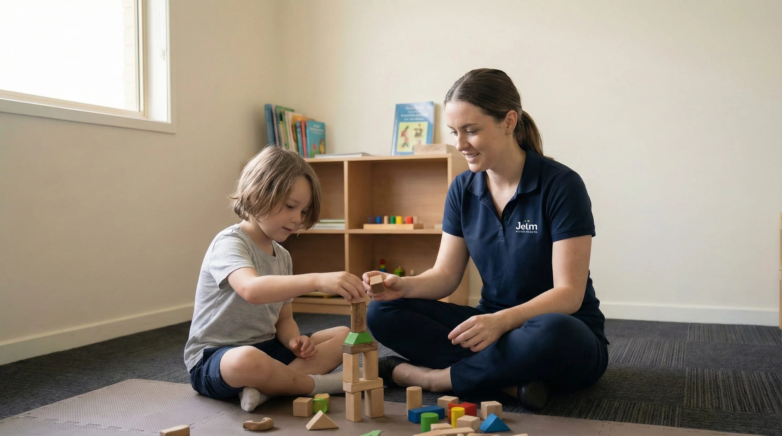 A young boy and a woman sitting on the floor playing with wooden building blocks inside a room with beige walls, a window, and a bookshelf in the background.