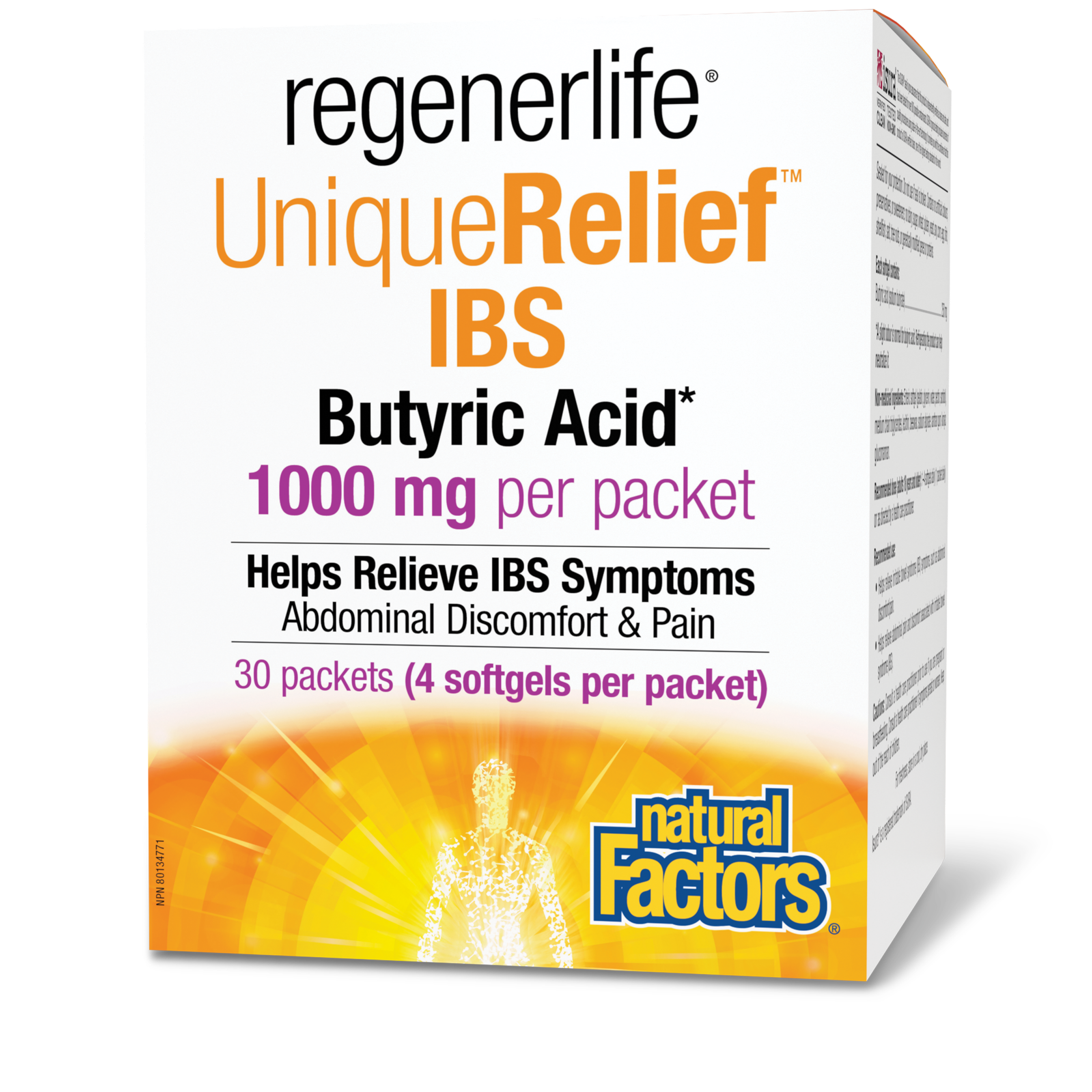 Natural Factors Regenerlife UniqueRelief IBS  Butyric Acid 1000 mg, 30 packets