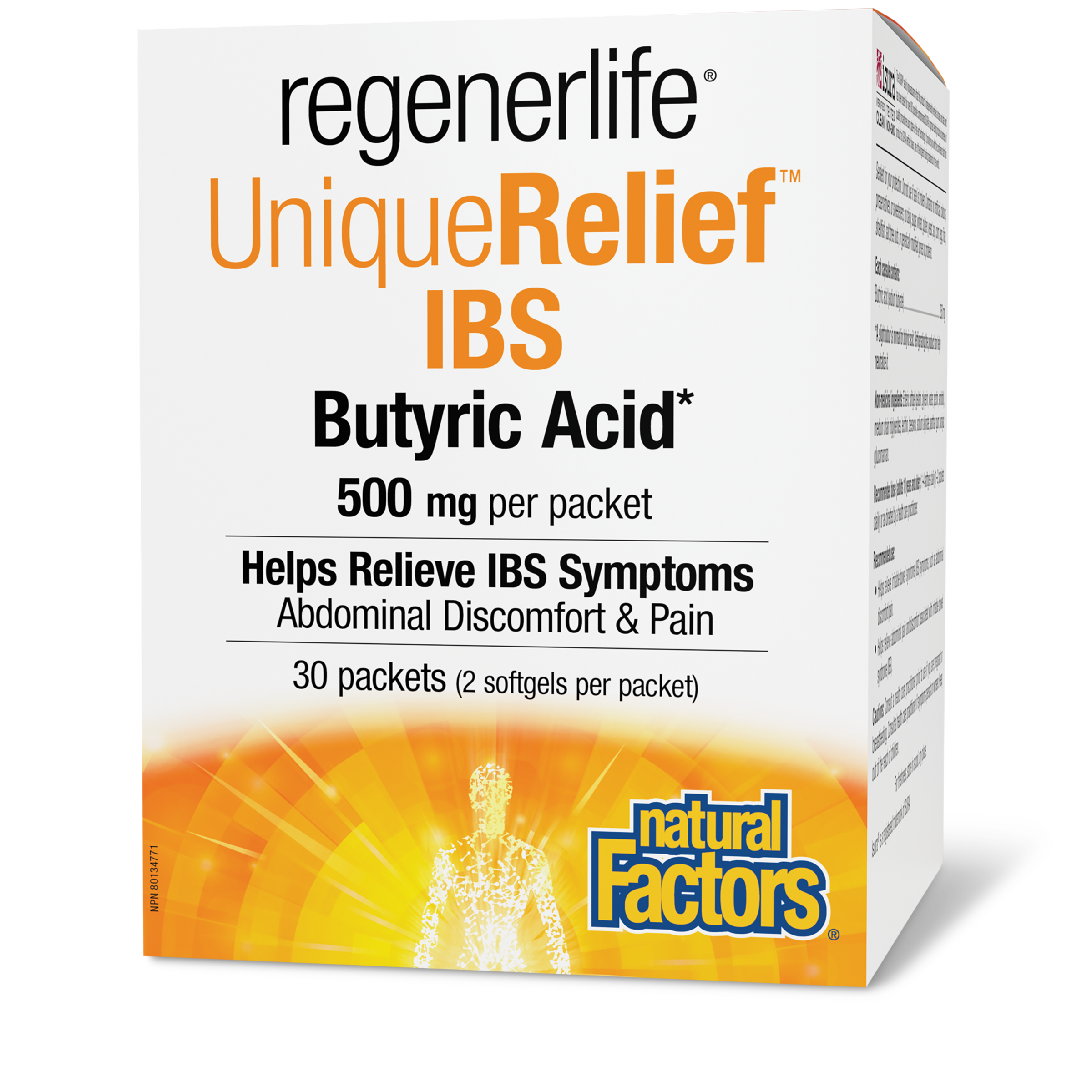 Natural Factors RegenerLife UniqueRelief IBS Butyric Acid 500 mg Kit, 30 packets
