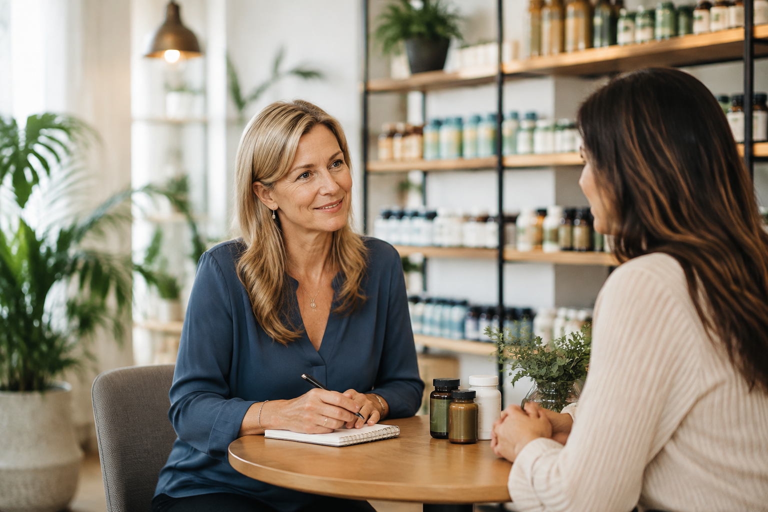 Two women having a consultation at a health store counter. The woman on the left, with blonde hair, is taking notes, while the woman on the right, with brown hair, listens. Behind them are shelves with various bottles and jars.