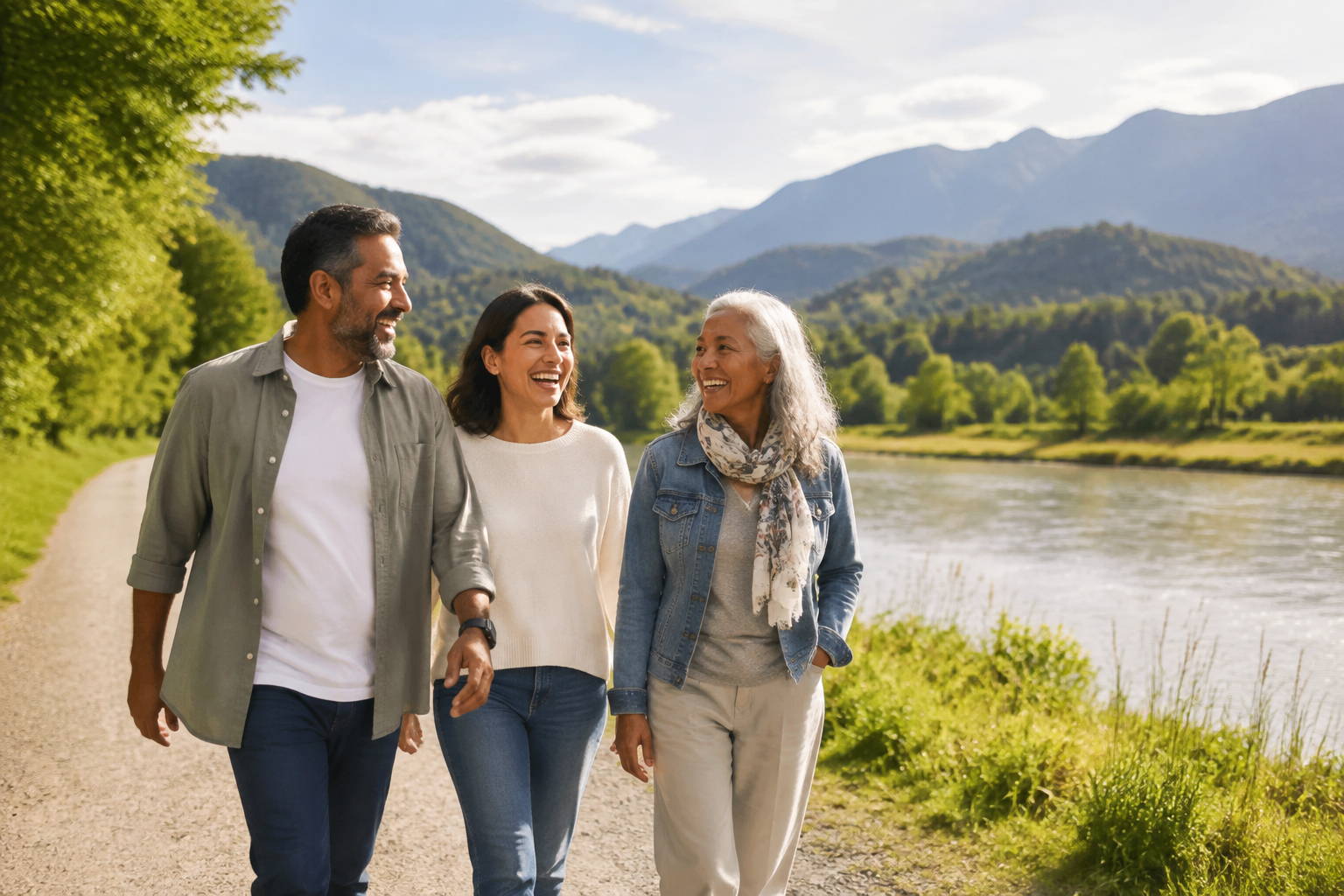 Three people walking along a river trail with mountains and trees in the background, smiling and talking.