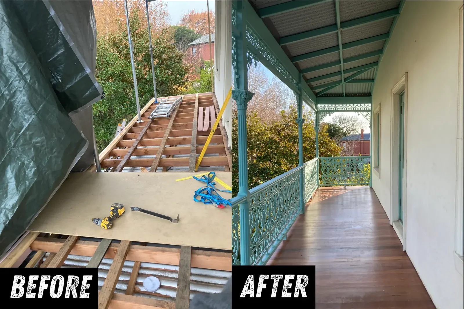 Before and after subcontract verandah repairs including timber flooring replacement and finishing to an existing heritage-style home in Elsternwick Melbourne.