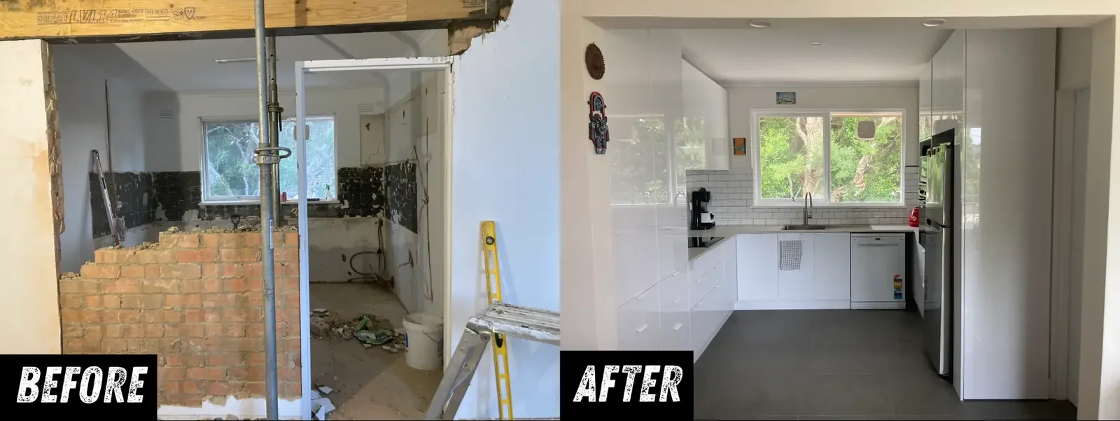 Before and after internal carpentry works including framing, linings, and finishes completed as part of a kitchen renovation in Bentleigh East Melbourne.