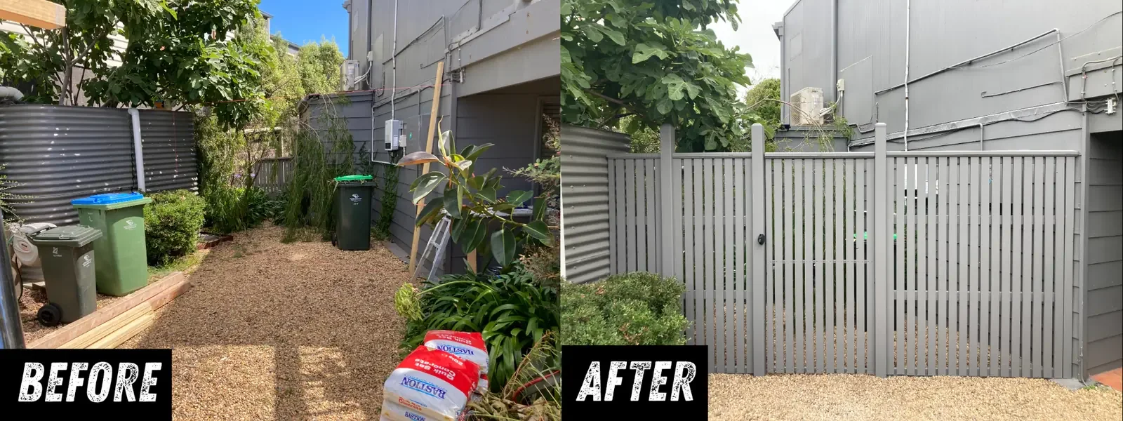 Before and after subcontract timber fence replacement completed to an existing boundary fence in Sorrento Victoria.