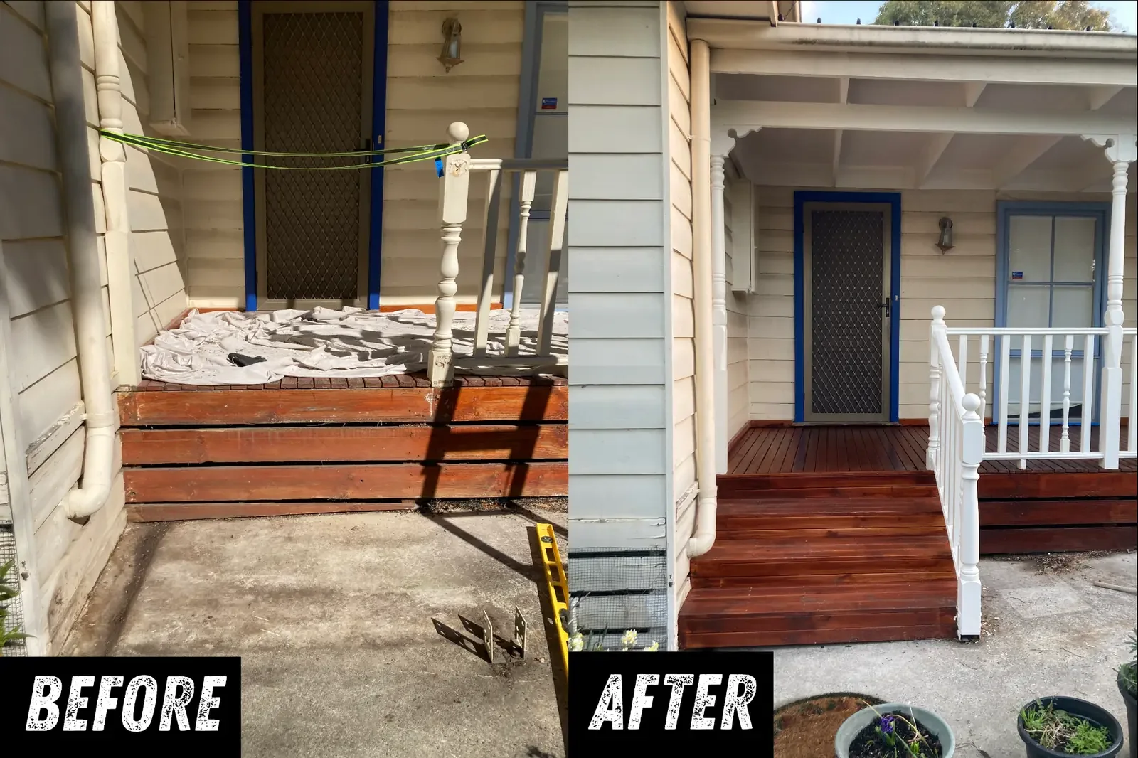 Timber decking and stair repairs completed to an existing porch, addressing rot and wear to improve safety and durability, Box Hill Melbourne