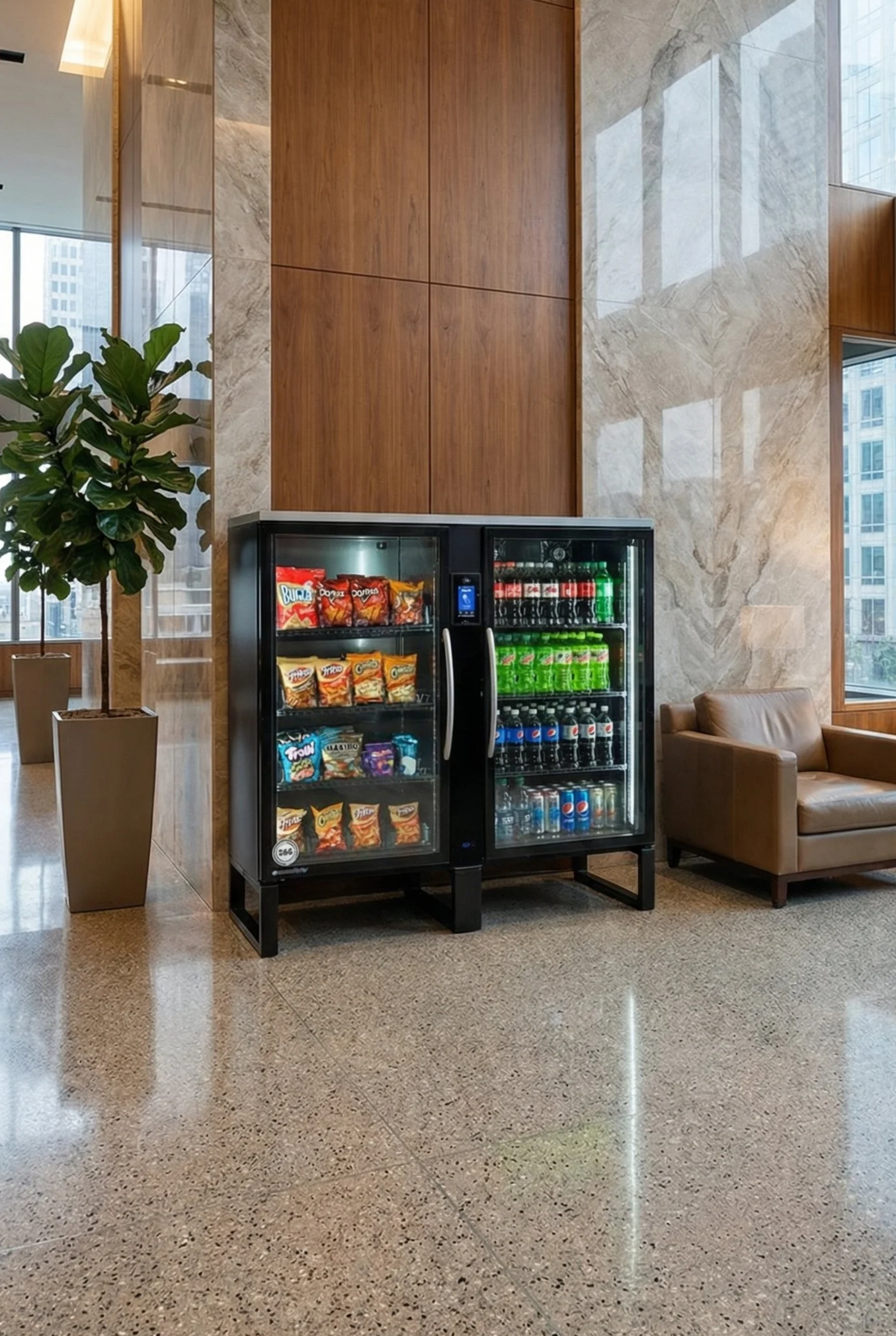 A vending machine with snacks and drinks situated inside a modern building with large windows and marble walls. There is a potted plant and a seating area nearby.