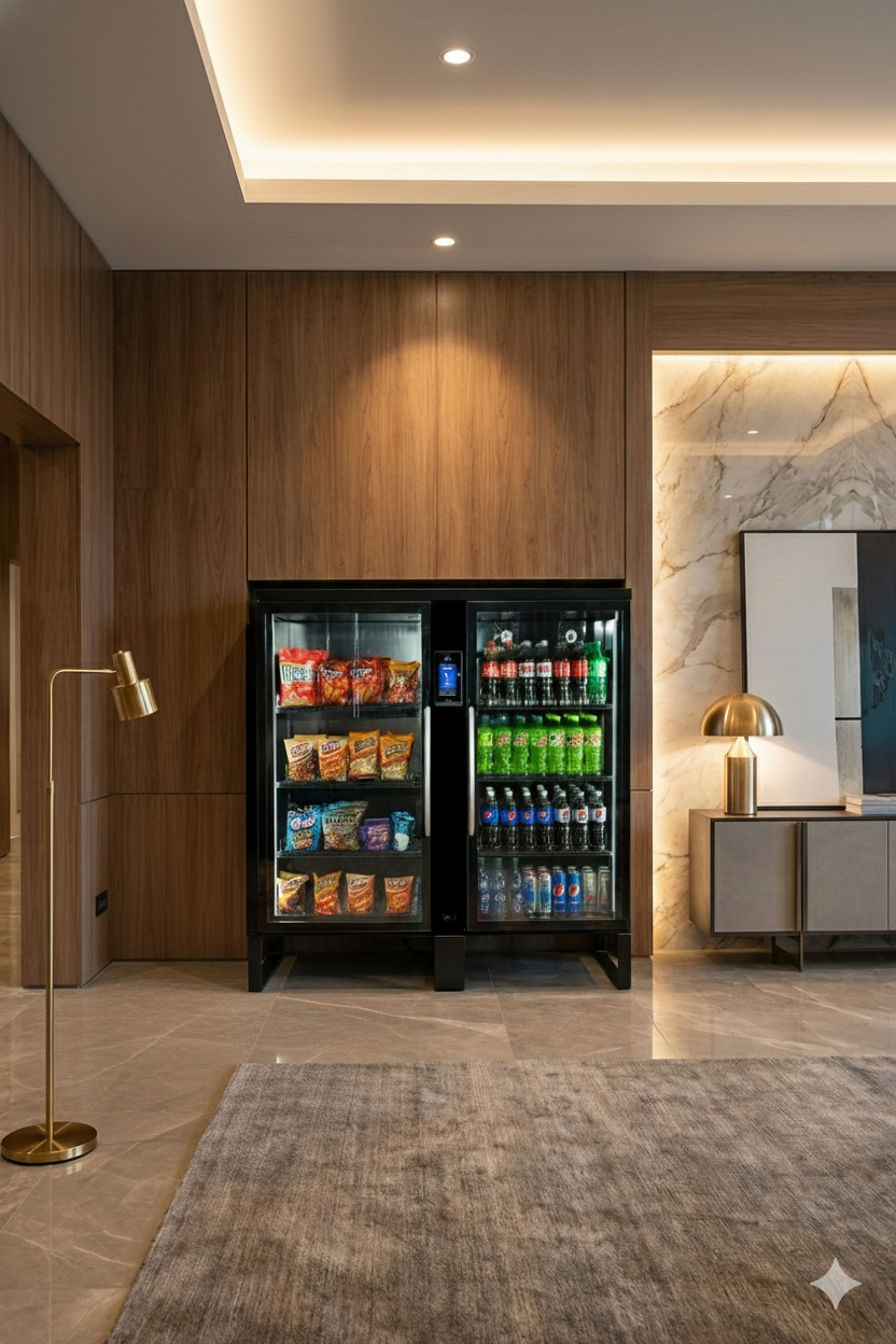 A black beverage mini fridge stocked with snacks and drinks, situated against a wood-paneled wall in a modern living space with a marble wall and a sideboard with a gold lamp.