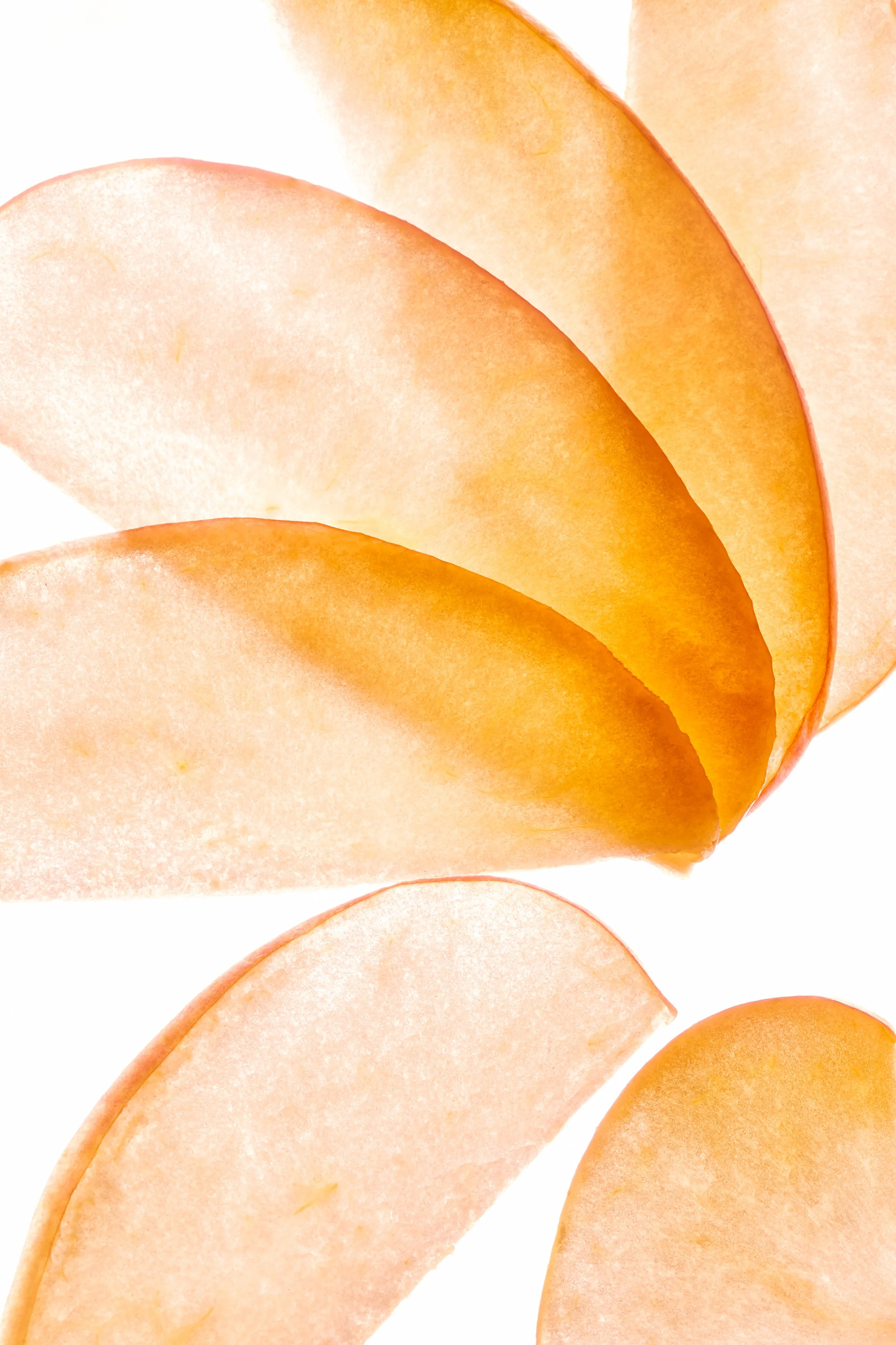Close-up of thinly sliced apple slices pieces with orange flesh and light red skin, arranged with some overlapping on a white background.