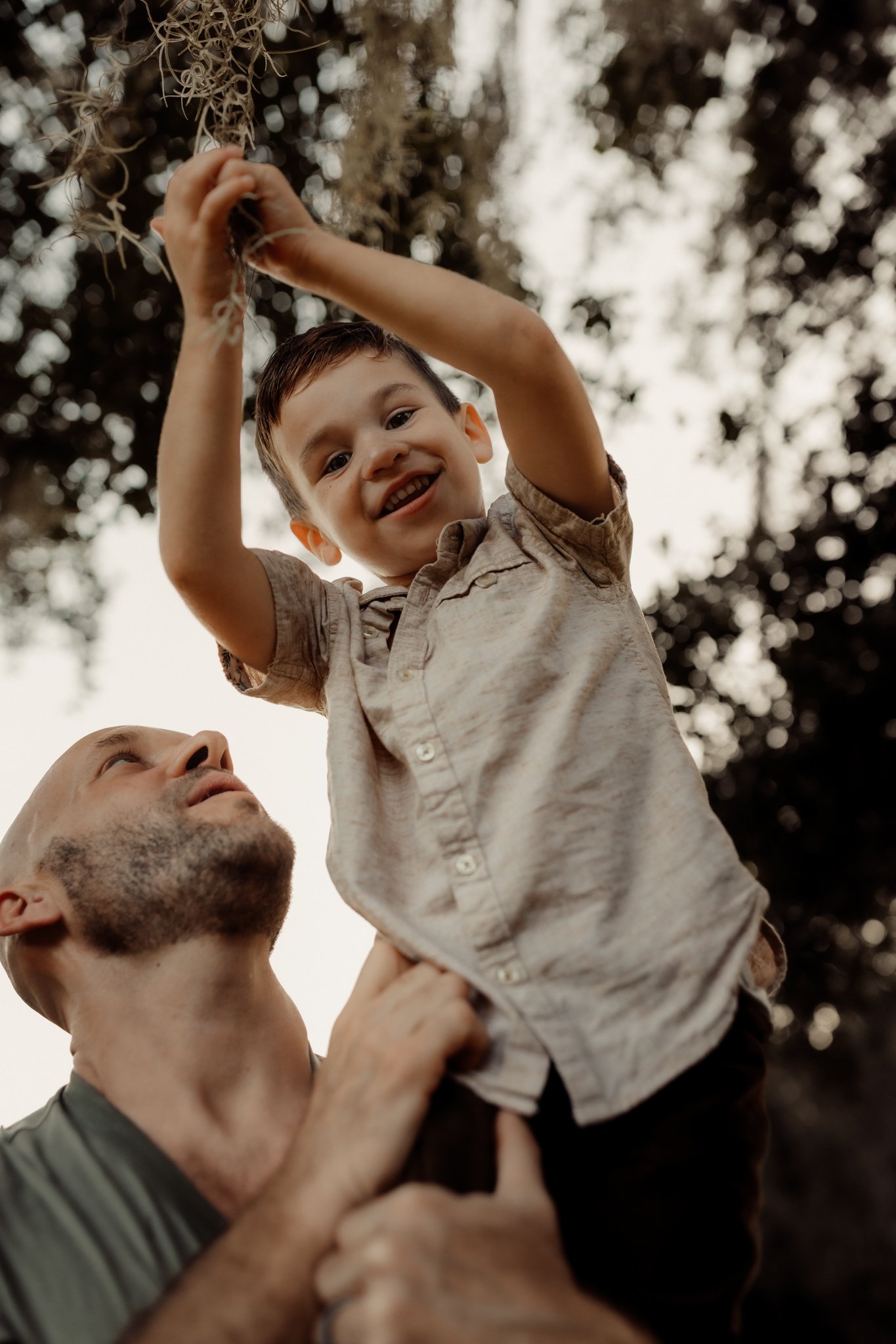 A young boy with short hair and a beige shirt is smiling and reaching up, holding onto a tree branch. An adult man, possibly his father, is looking up at him with a gentle expression. The background features blurred dark green trees and a cloudy sky.