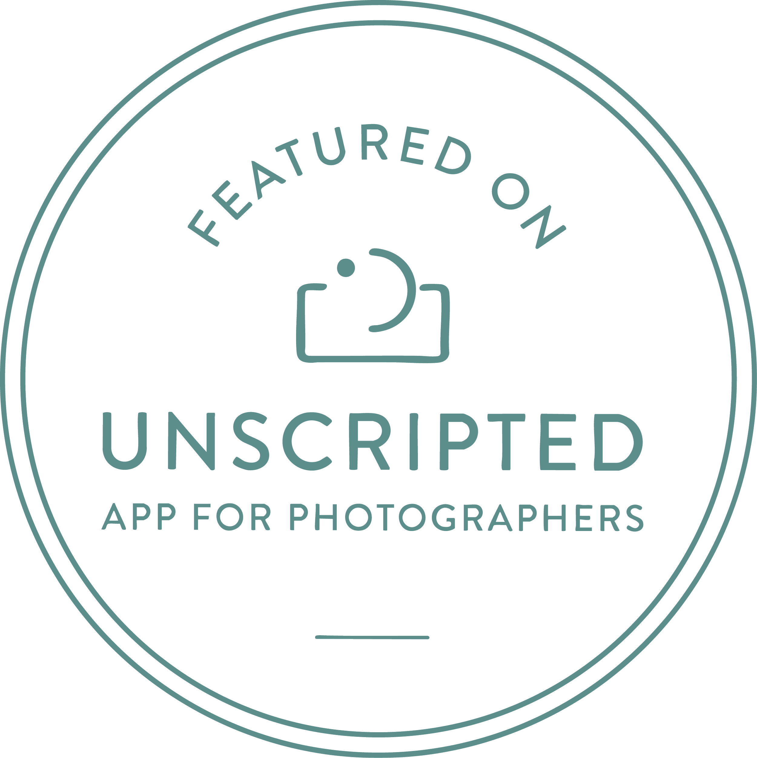 A circular badge with the text 'Featured on Unscripted App for Photographers' and a camera icon in the center.