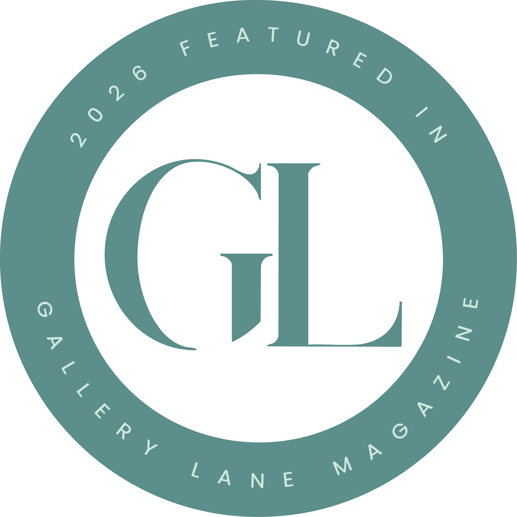 Logo featuring the initials 'GL' in large font with an outer ring reading '2026 Featured in Gallery Lane Magazine'.