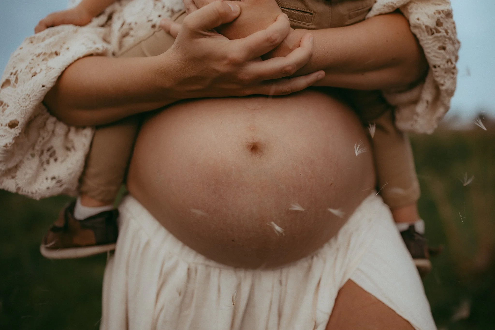 Close-up of a pregnant woman's belly with animal dandelion seeds floating around and an adult carrying a small child on their shoulders.