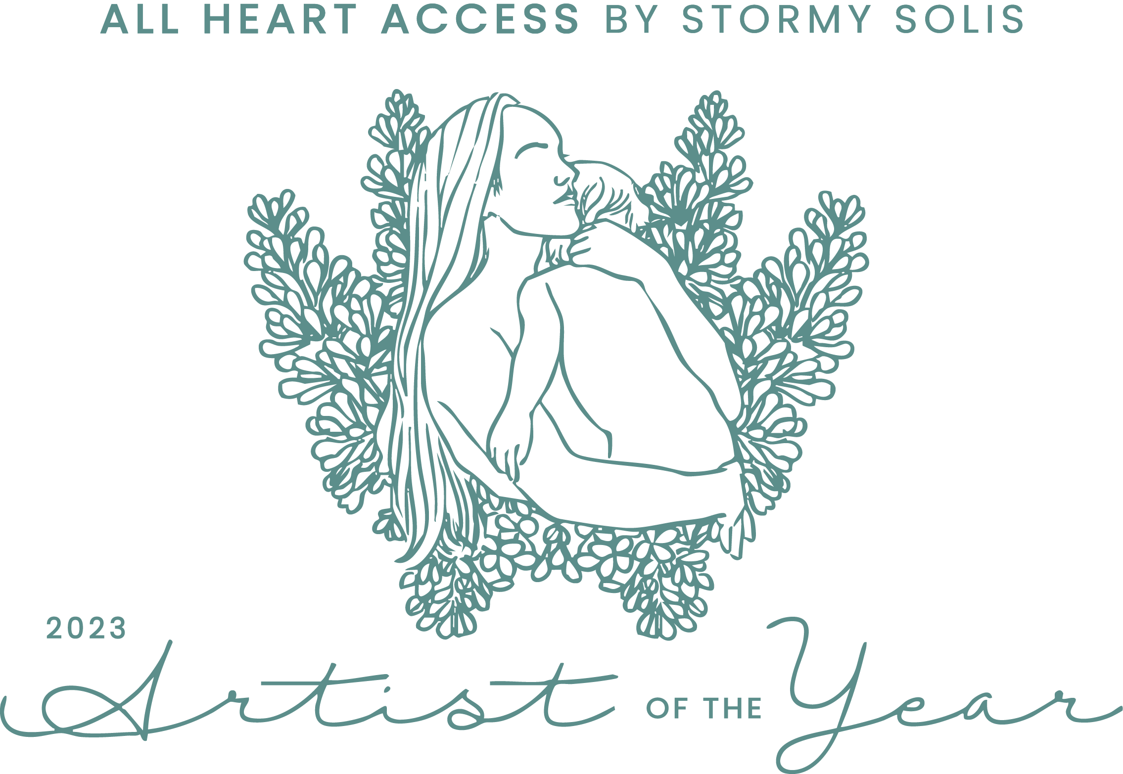 A line drawing of a woman with long hair, smiling, surrounded by floral elements, with the text 'All Heart Access by Stormy Solis' at the top and '2023 Artist of the Year' at the bottom.