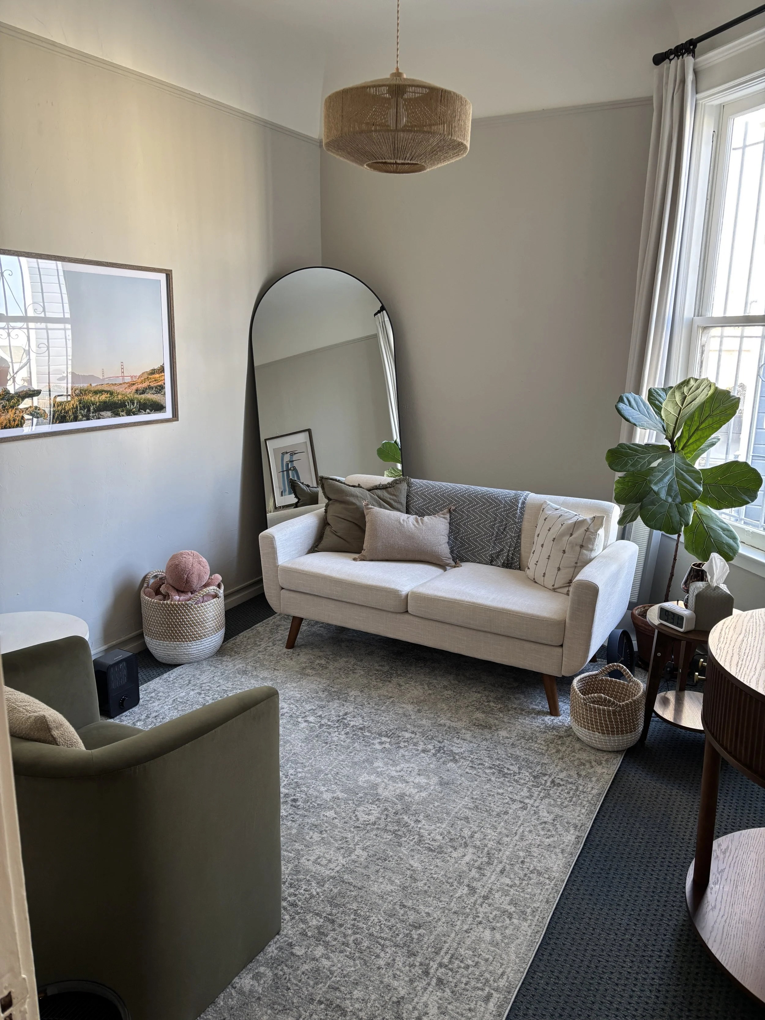 A cozy living room with a white sofa, decorative pillows, large green plant near the window, a framed picture, and a full-length mirror, in front of a gray and beige area rug.