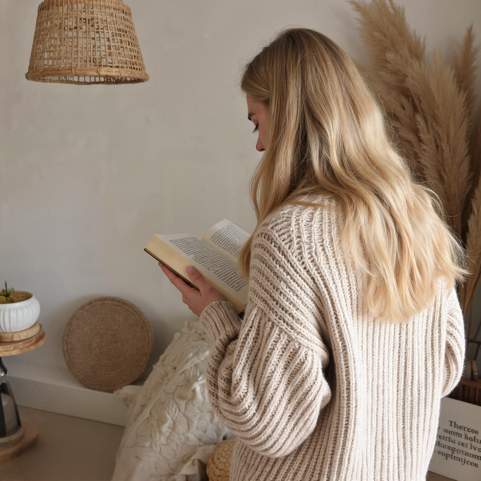 A woman with long blonde hair wearing a beige knitted sweater, reading a book indoors with a neutral-colored wall and decorative items such as plants and rattan baskets in the background.