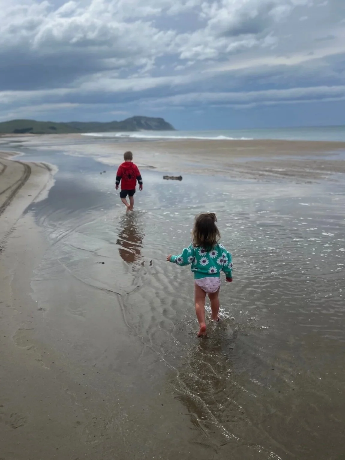 Two children, a girl and a boy, playing and walking in shallow water along a beach with overcast skies and distant cliffs in the background.
