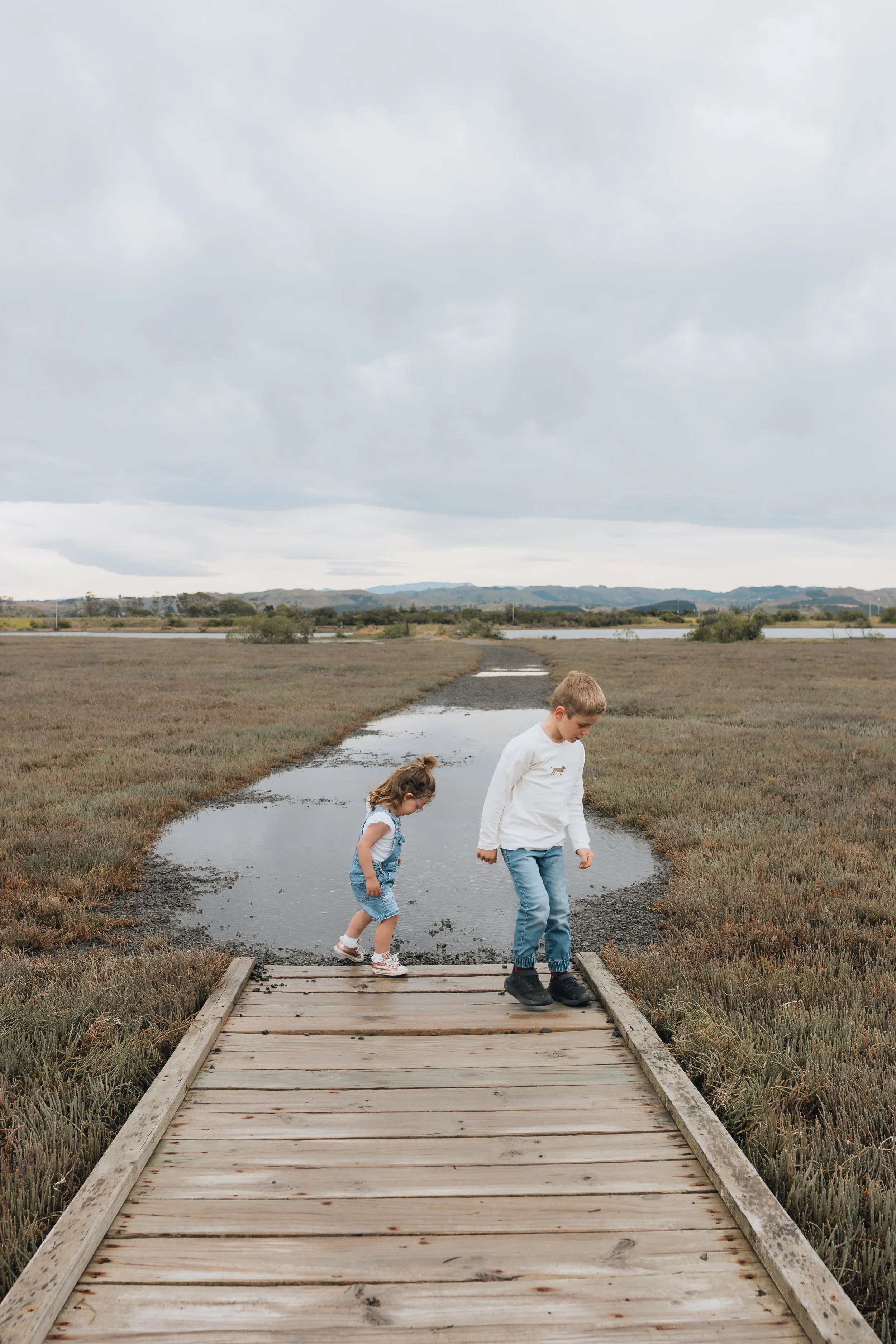 A boy and a girl walking across a wooden bridge in a marshy landscape under cloudy skies.