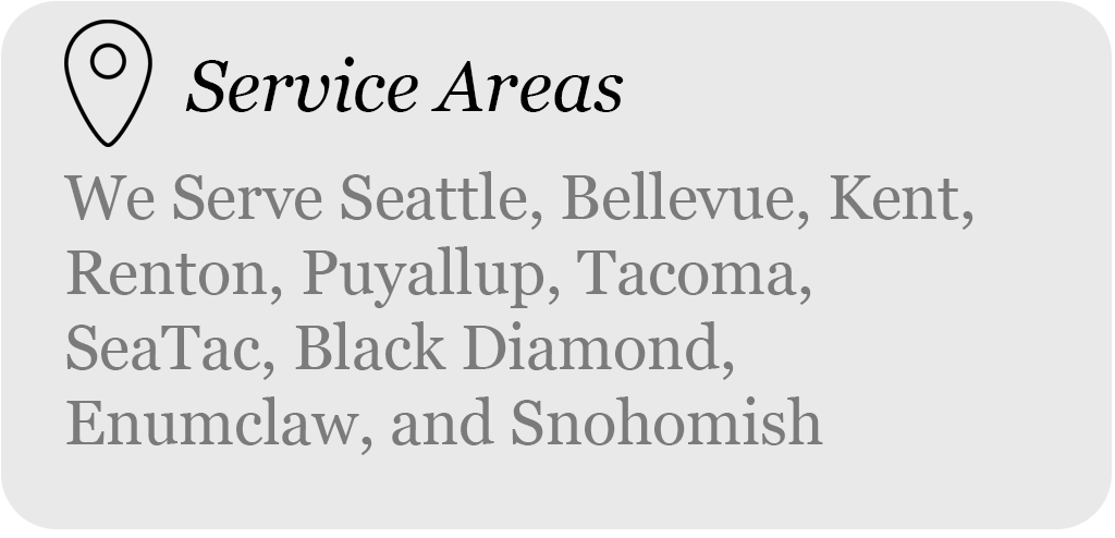 Map icon and text listing service areas including Seattle, Bellevue, Kent, Renton, Puyallup, Tacoma, SeaTac, Black Diamond, Enumclaw, and Snohomish.