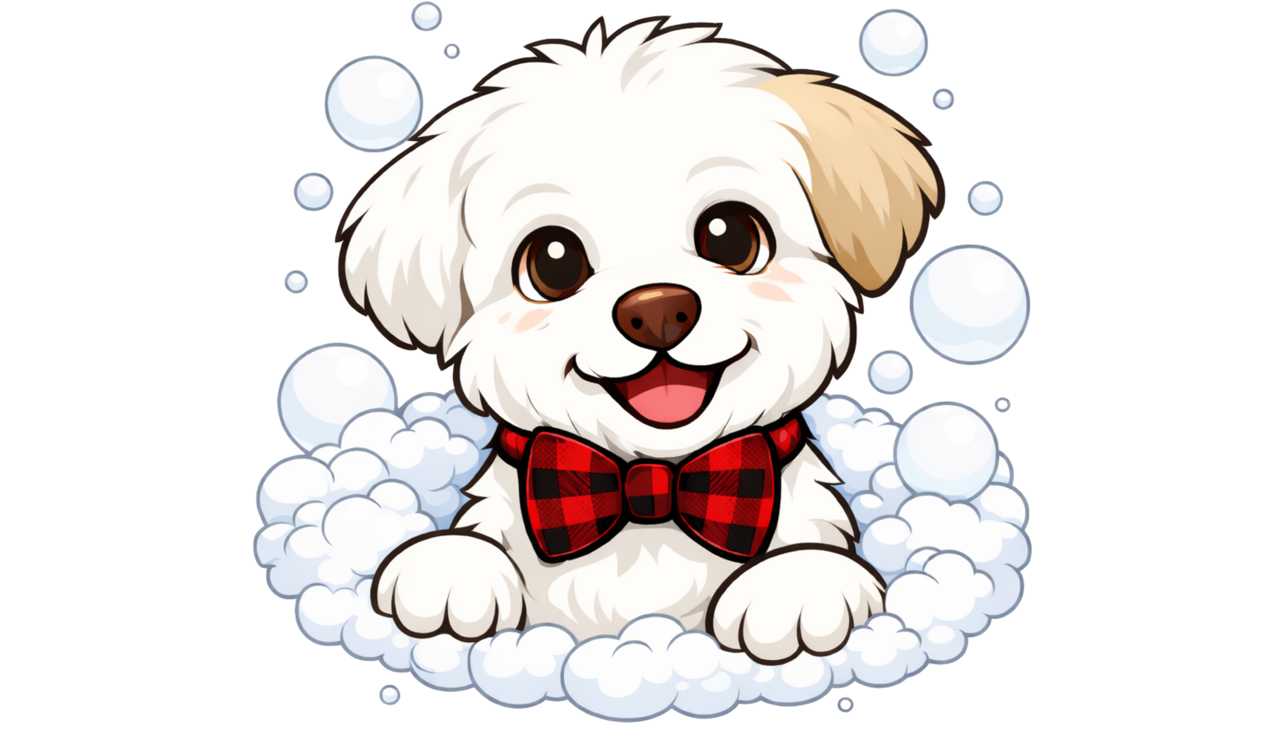 A cute cartoon dog with white fur, brown ears, and big expressive eyes, sitting in a pile of white bubbles. The dog is smiling, showing its tongue, and wearing a red and black checkered bow tie.