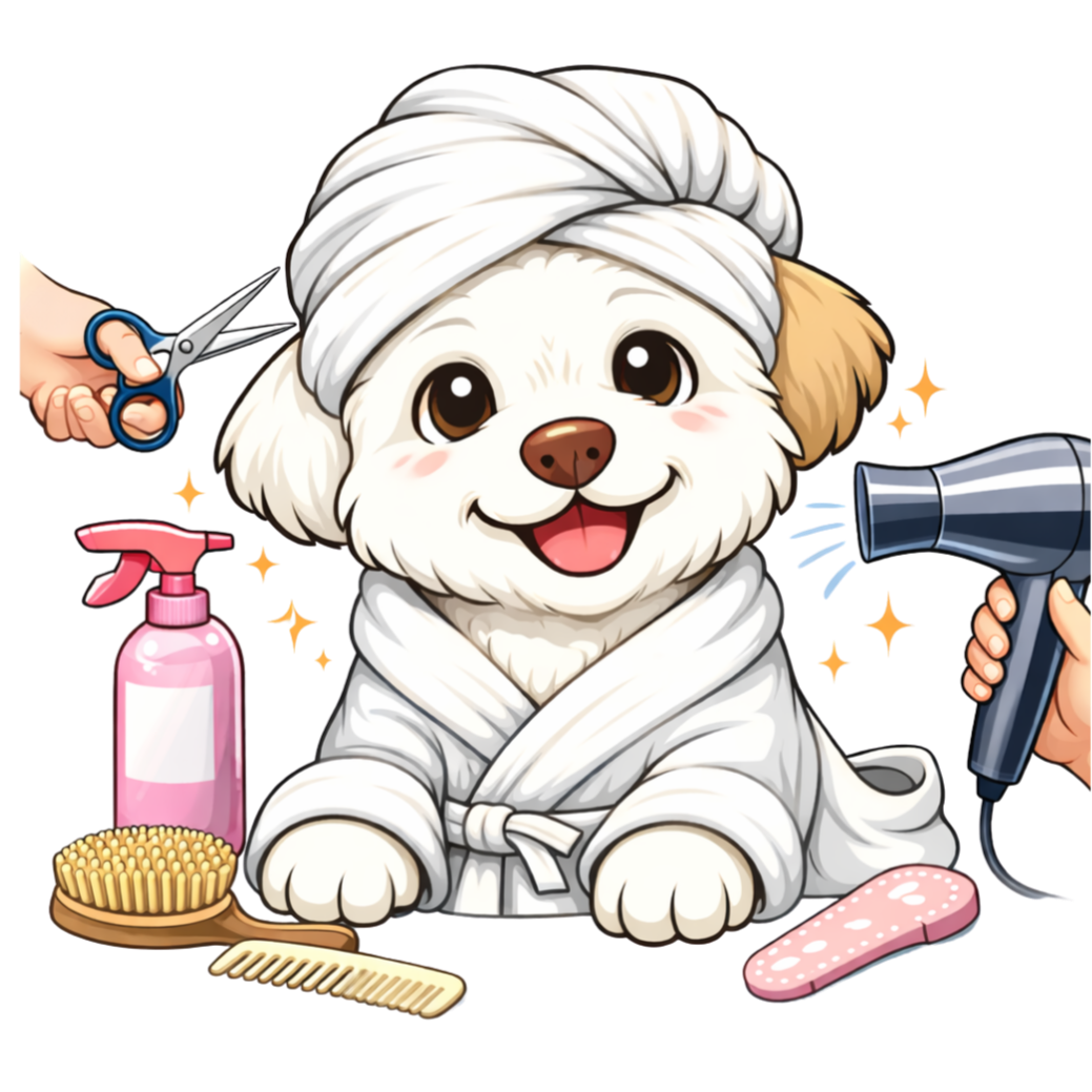 Cute white puppy getting a spa treatment with a towel wrapped around its head, surrounded by grooming tools like scissors, spray bottle, hairbrush, comb, hairdryer, and a foot-shaped nail file.