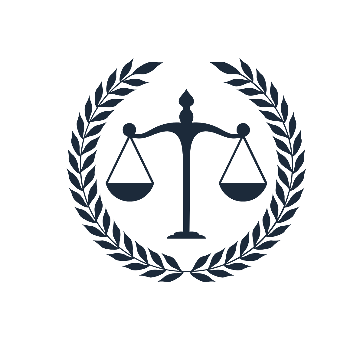 Logo with scales of justice inside a laurel wreath, symbolizing law and justice.