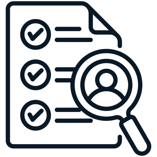 Icon of a document with checkmarks and a magnifying glass focusing on a person symbol.