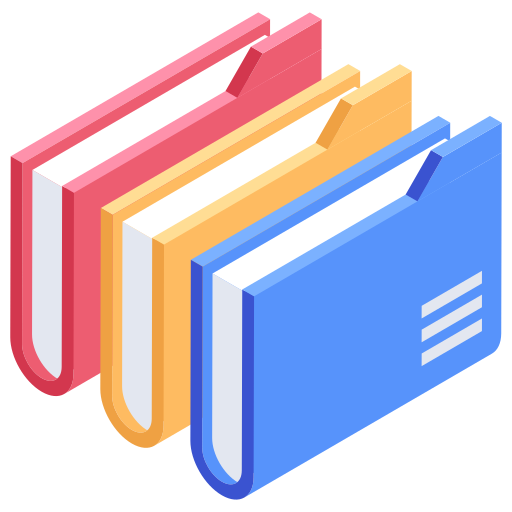 Illustration of three colorful books with pink, yellow, and blue covers standing upright.