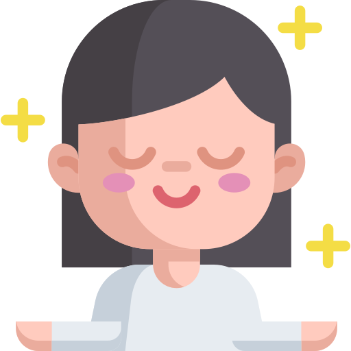 Cartoon girl with closed eyes, smiling, pink cheeks, black hair, wearing a white shirt, surrounded by yellow plus signs.