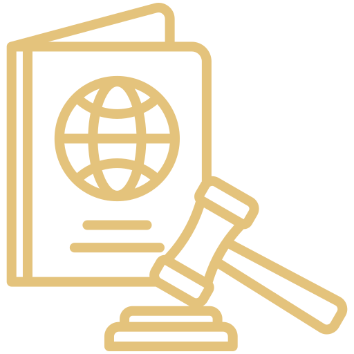Icon of a passport with a globe symbol and a gavel, representing international law or travel regulations.