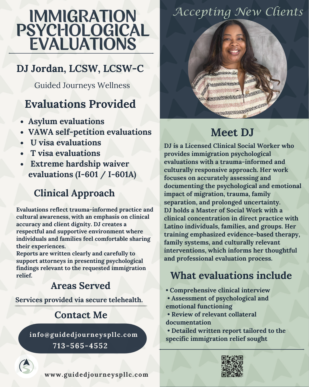 Flyer featuring a professional profile for DJ Jordan, a licensed clinical social worker specializing in immigration psychological evaluations. The flyer highlights services offered, approach, contact information, and includes a photo of DJ Jordan smiling.